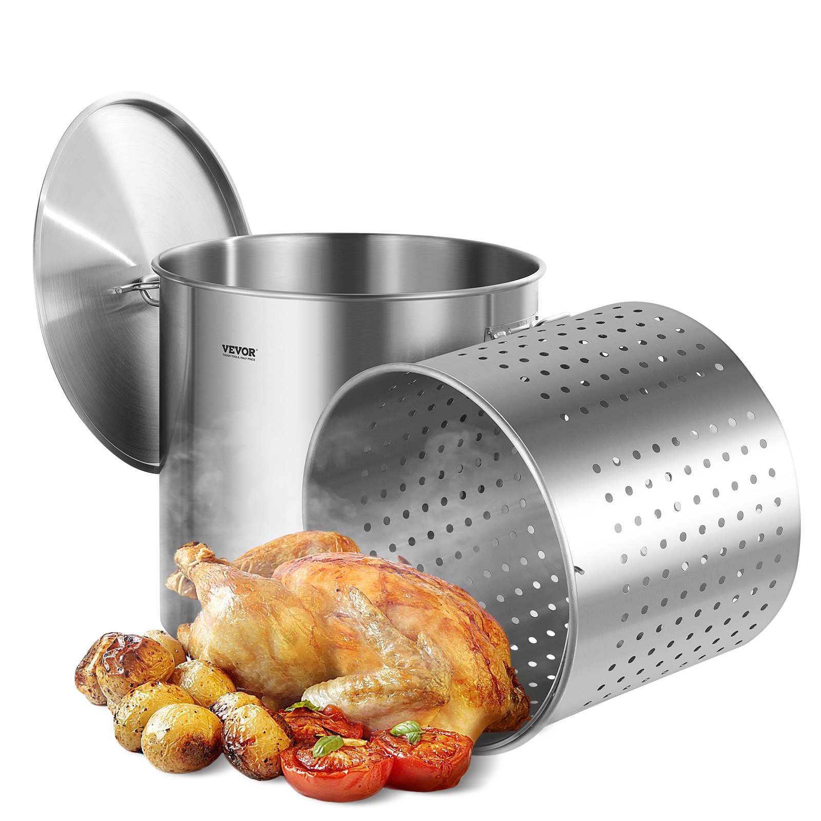 VEVOR Olla Grande de Acero Inoxidable 94,6 L, Olla para Salsa con Canasta, Tapa y Asa, Olla Comercial Resistente, Tratamiento de Lijado, para Eventos de Grupos Grandes, Color Plateado, 500 x 495 mm