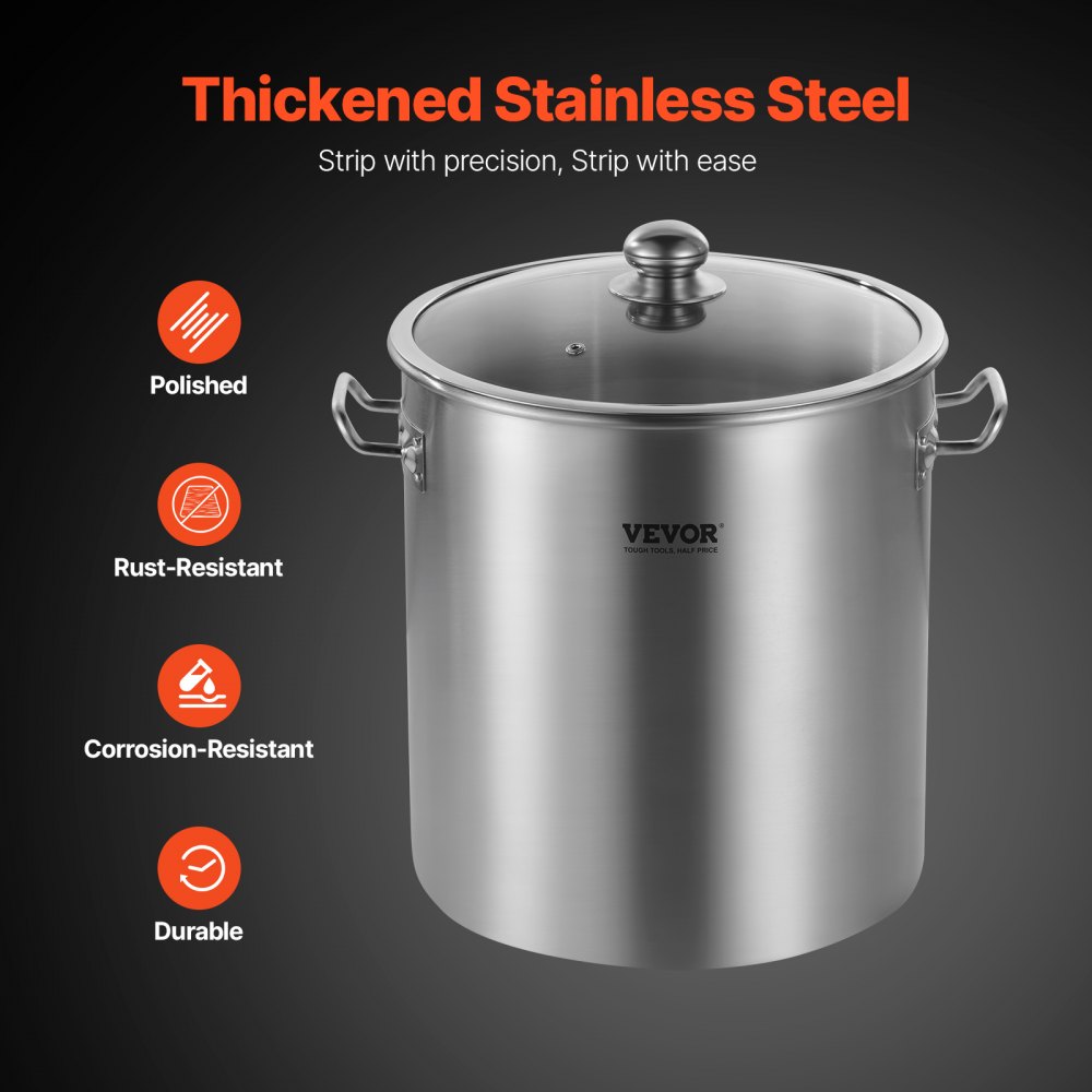 VEVOR Olla de Acero Inoxidable, Ollas para Cocinar 22,7 L, Olla para Salsa con Tapa y Asa, Olla Comercial Resistente, Tratamiento de Lijado, para Cocinar al Vapor, Hervir o Freír, Plata, 300 x 330 mm