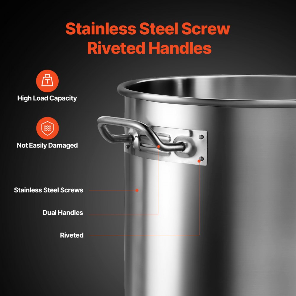 VEVOR Olla de Acero Inoxidable, Ollas para Cocinar 22,7 L, Olla para Salsa con Tapa y Asa, Olla Comercial Resistente, Tratamiento de Lijado, para Cocinar al Vapor, Hervir o Freír, Plata, 300 x 330 mm