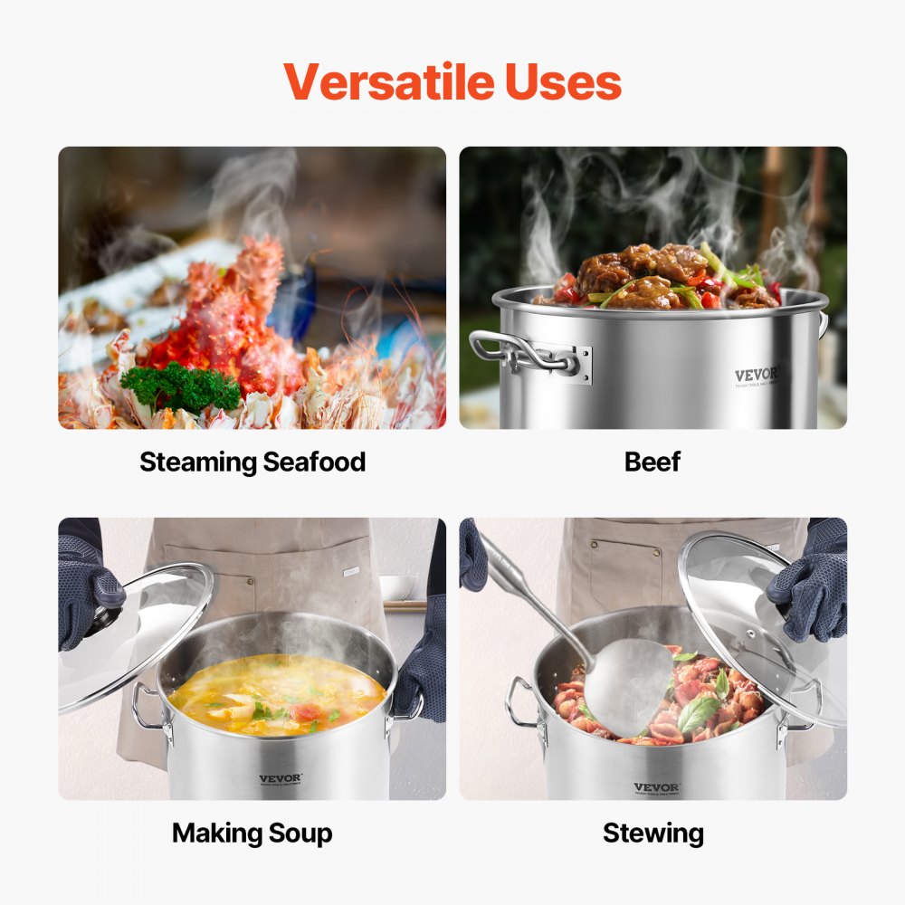 VEVOR Olla de Acero Inoxidable, Ollas para Cocinar 22,7 L, Olla para Salsa con Tapa y Asa, Olla Comercial Resistente, Tratamiento de Lijado, para Cocinar al Vapor, Hervir o Freír, Plata, 300 x 330 mm