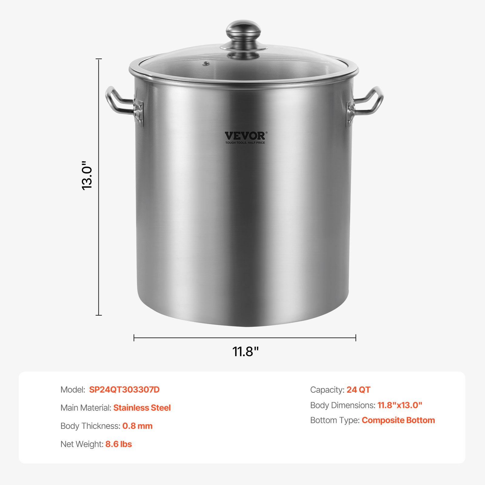 VEVOR Olla de Acero Inoxidable, Ollas para Cocinar 22,7 L, Olla para Salsa con Tapa y Asa, Olla Comercial Resistente, Tratamiento de Lijado, para Cocinar al Vapor, Hervir o Freír, Plata, 300 x 330 mm