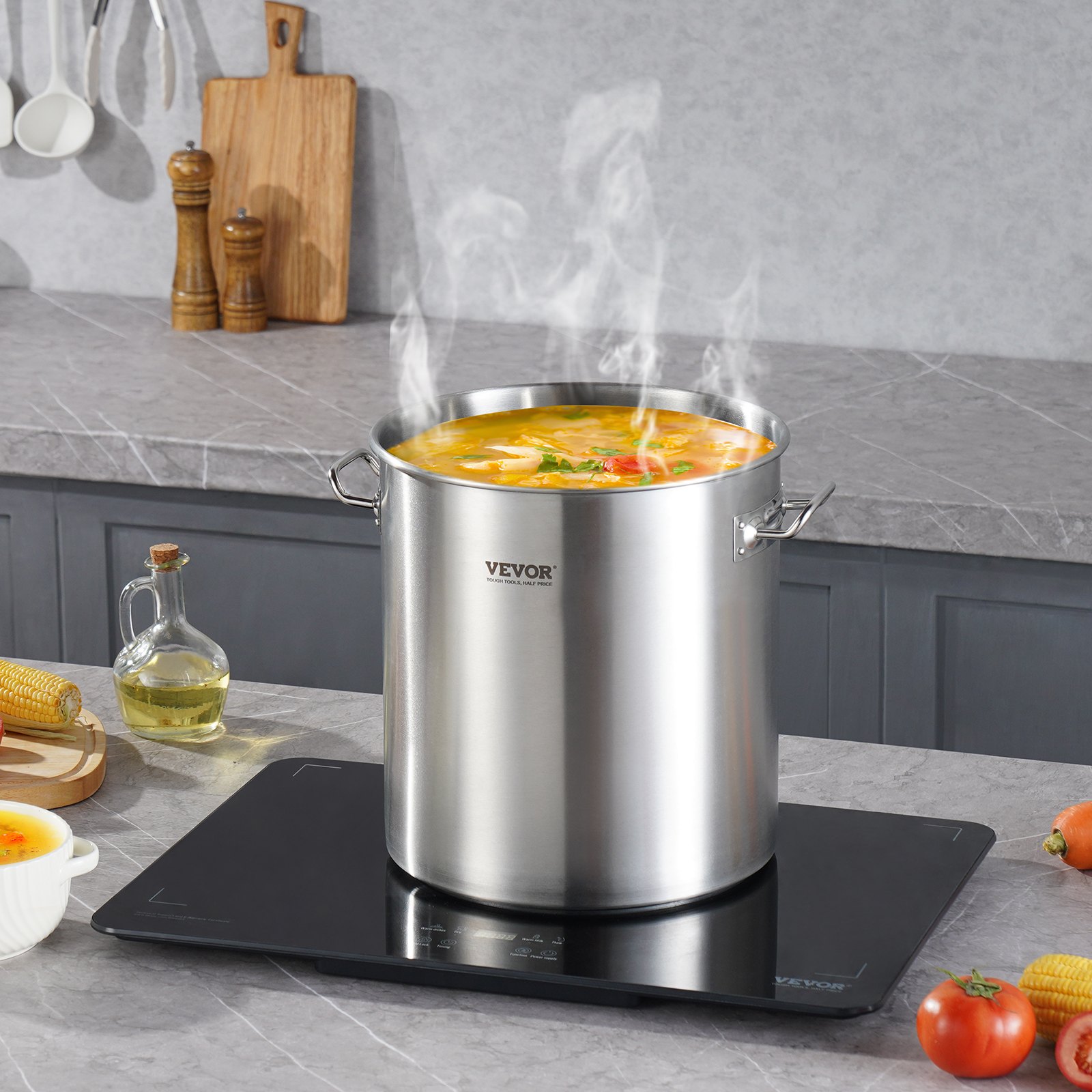VEVOR Olla de Acero Inoxidable, Ollas para Cocinar 22,7 L, Olla para Salsa con Tapa y Asa, Olla Comercial Resistente, Tratamiento de Lijado, para Cocinar al Vapor, Hervir o Freír, Plata, 300 x 330 mm