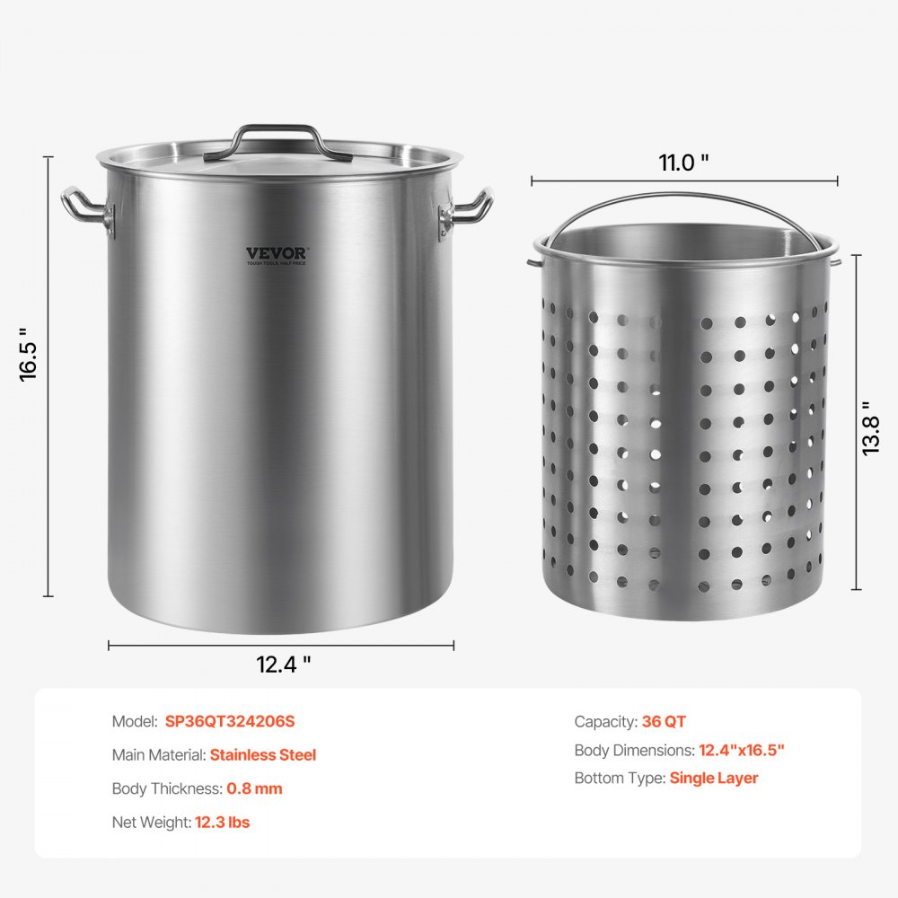 VEVOR Olla de Acero Inoxidable, Ollas para Cocinar 34 L, Olla para Salsa con Canasta, Tapa y Asa, Olla Comercial Resistente, Tratamiento de Lijado, para Cocinar al Vapor, Hervir o Freír, 315 x 420 mm