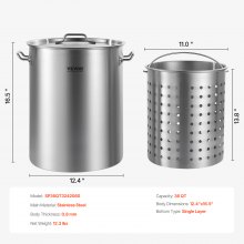 VEVOR Olla de Acero Inoxidable 34 L para Cocinar Salsas con Tapa 315 x 420 mm