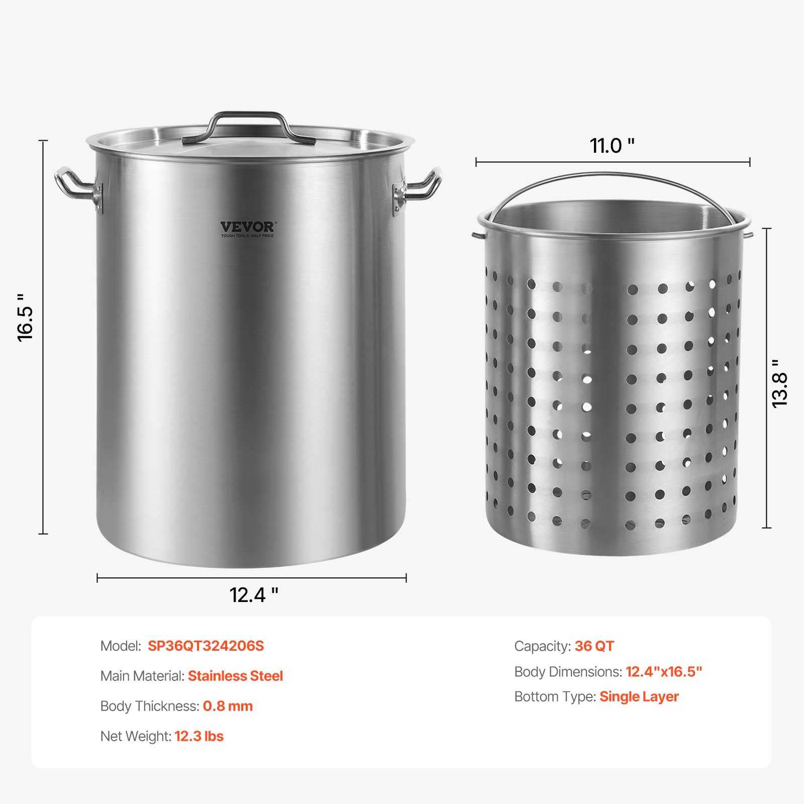 VEVOR Olla de Acero Inoxidable, Ollas para Cocinar 34 L, Olla para Salsa con Canasta, Tapa y Asa, Olla Comercial Resistente, Tratamiento de Lijado, para Cocinar al Vapor, Hervir o Freír, 315 x 420 mm