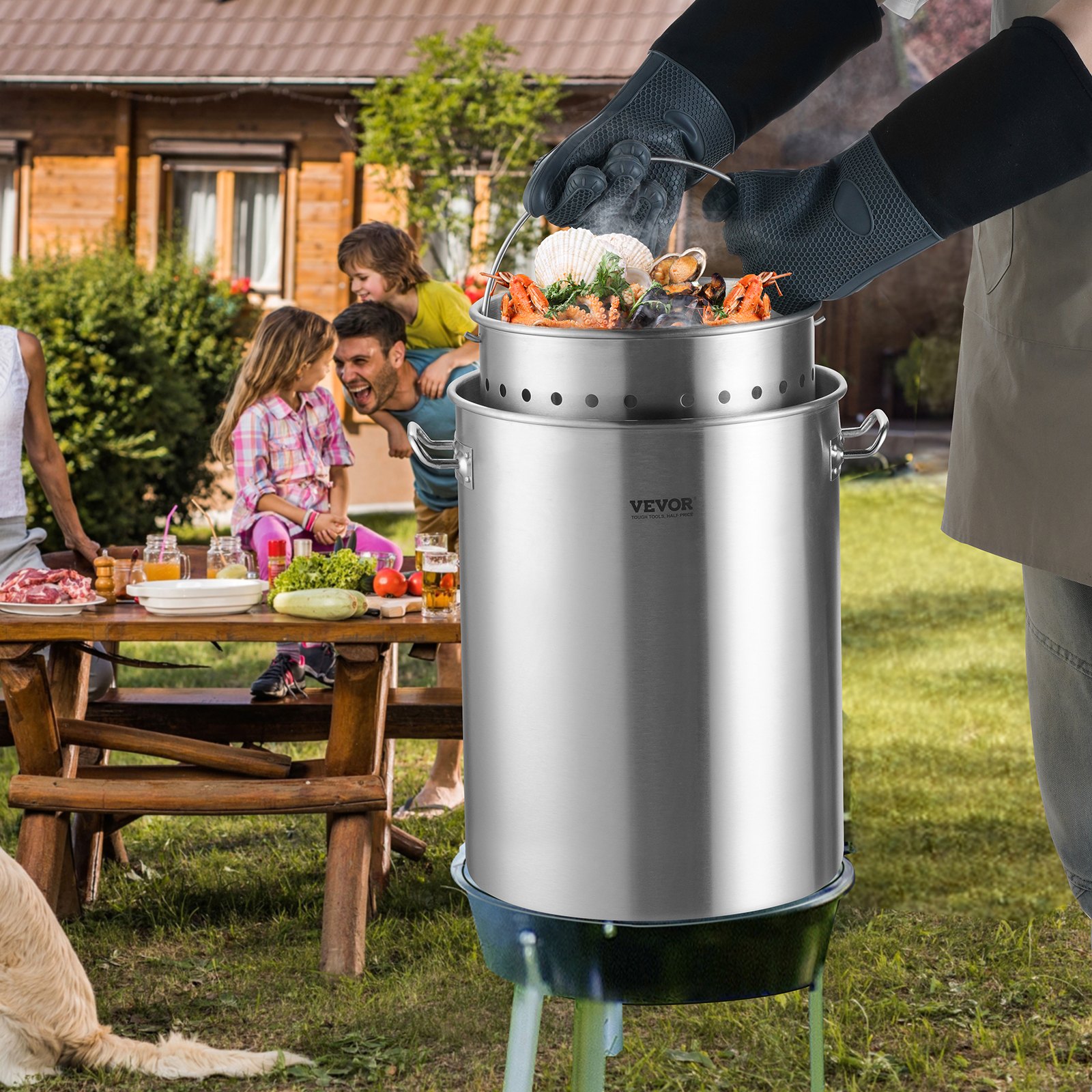 VEVOR Olla de Acero Inoxidable, Ollas para Cocinar 34 L, Olla para Salsa con Canasta, Tapa y Asa, Olla Comercial Resistente, Tratamiento de Lijado, para Cocinar al Vapor, Hervir o Freír, 315 x 420 mm