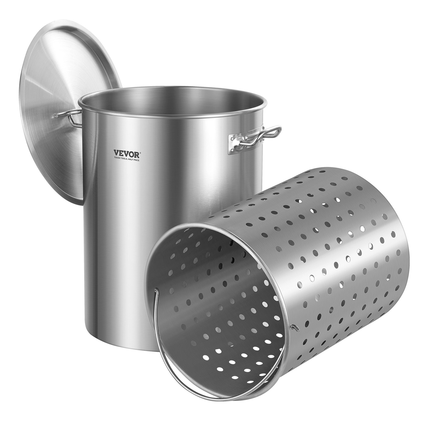 VEVOR Olla de Acero Inoxidable, Ollas para Cocinar 34 L, Olla para Salsa con Canasta, Tapa y Asa, Olla Comercial Resistente, Tratamiento de Lijado, para Cocinar al Vapor, Hervir o Freír, 315 x 420 mm