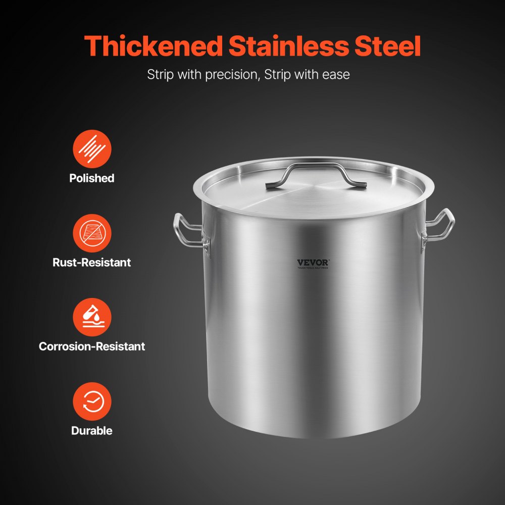 VEVOR Olla Grande de Acero Inoxidable de 50,1 L, Olla para Salsa con Tapa y Asa, Olla Comercial Resistente, Tratamiento de Lijado, para Eventos de Grupos Grandes, Color Plateado, 395 x 405 mm