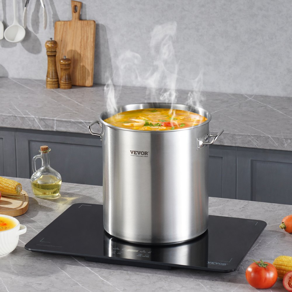 VEVOR Olla Grande de Acero Inoxidable de 50,1 L, Olla para Salsa con Tapa y Asa, Olla Comercial Resistente, Tratamiento de Lijado, para Eventos de Grupos Grandes, Color Plateado, 395 x 405 mm