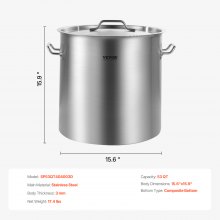 VEVOR Olla de Acero Inoxidable 50,1 L para Cocinar Salsa con Tapa 395 x 405 mm