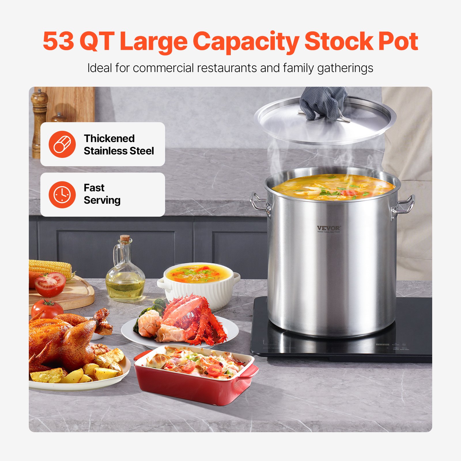 VEVOR Olla Grande de Acero Inoxidable de 50,1 L, Olla para Salsa con Tapa y Asa, Olla Comercial Resistente, Tratamiento de Lijado, para Eventos de Grupos Grandes, Color Plateado, 395 x 405 mm