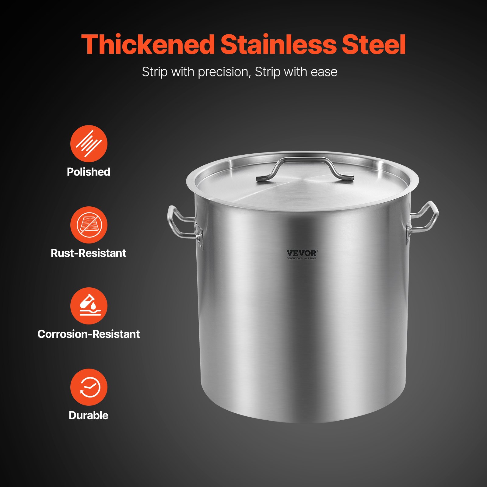 VEVOR Olla Grande de Acero Inoxidable de 50,1 L, Olla para Salsa con Tapa y Asa, Olla Comercial Resistente, Tratamiento de Lijado, para Eventos de Grupos Grandes, Color Plateado, 395 x 405 mm