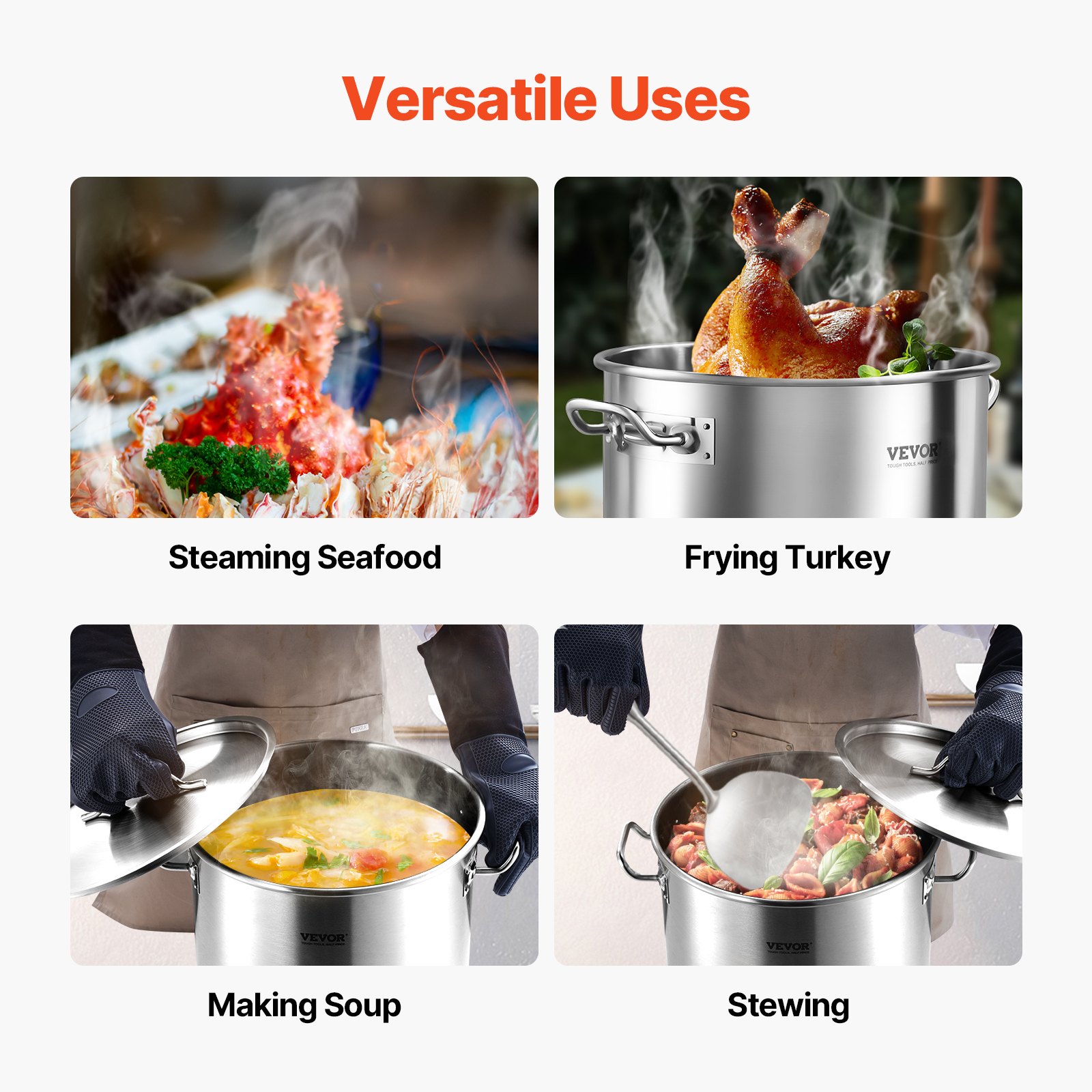 VEVOR Olla Grande de Acero Inoxidable de 50,1 L, Olla para Salsa con Tapa y Asa, Olla Comercial Resistente, Tratamiento de Lijado, para Eventos de Grupos Grandes, Color Plateado, 395 x 405 mm