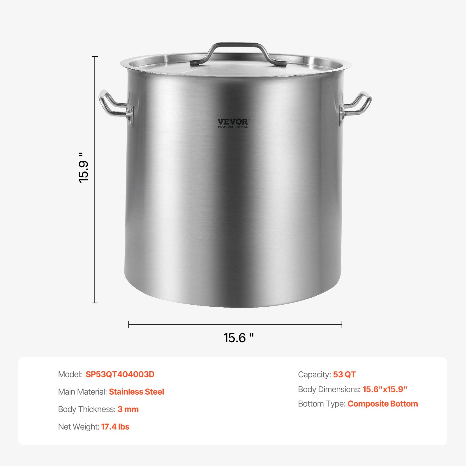 VEVOR Olla Grande de Acero Inoxidable de 50,1 L, Olla para Salsa con Tapa y Asa, Olla Comercial Resistente, Tratamiento de Lijado, para Eventos de Grupos Grandes, Color Plateado, 395 x 405 mm
