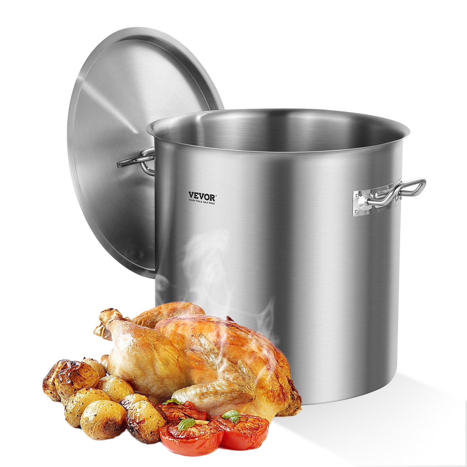 VEVOR Olla Grande de Acero Inoxidable de 50,1 L, Olla para Salsa con Tapa y Asa, Olla Comercial Resistente, Tratamiento de Lijado, para Eventos de Grupos Grandes, Color Plateado, 395 x 405 mm