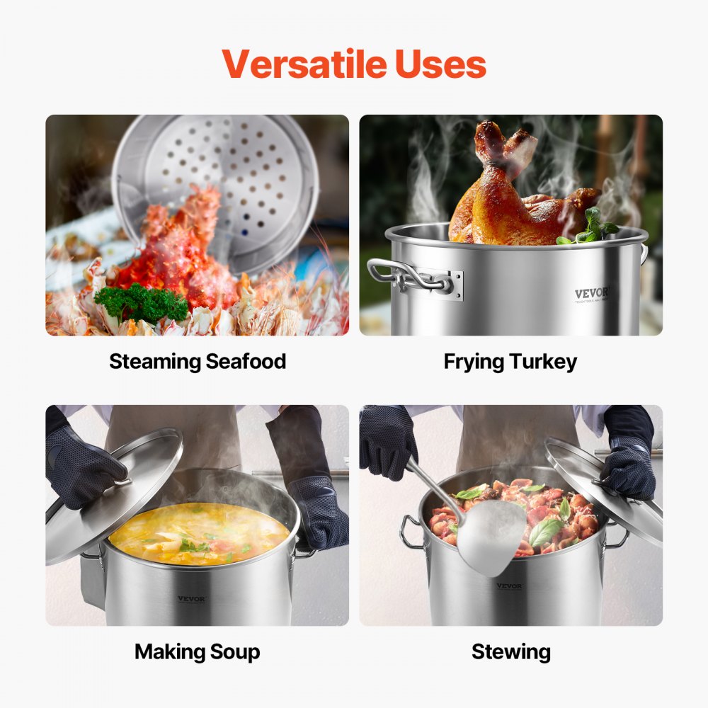 VEVOR Olla Grande de Acero Inoxidable de 60,5 L, Olla para Salsa con Canasta, Tapa y Asa, Olla Comercial Resistente, Tratamiento de Lijado, para Eventos de Grupos Grandes, Plateado, 400 x 450 mm