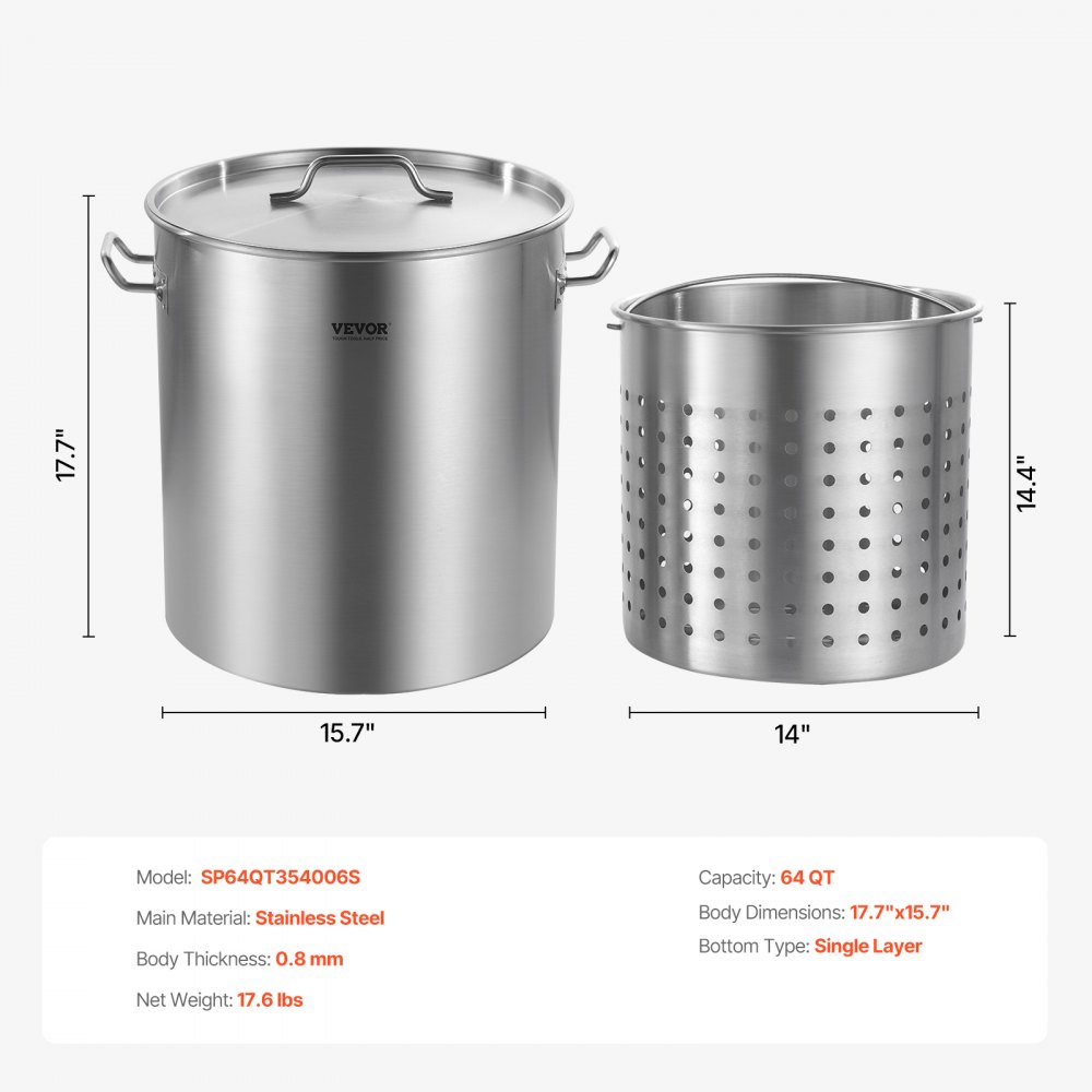 VEVOR Olla Grande de Acero Inoxidable de 60,5 L, Olla para Salsa con Canasta, Tapa y Asa, Olla Comercial Resistente, Tratamiento de Lijado, para Eventos de Grupos Grandes, Plateado, 400 x 450 mm