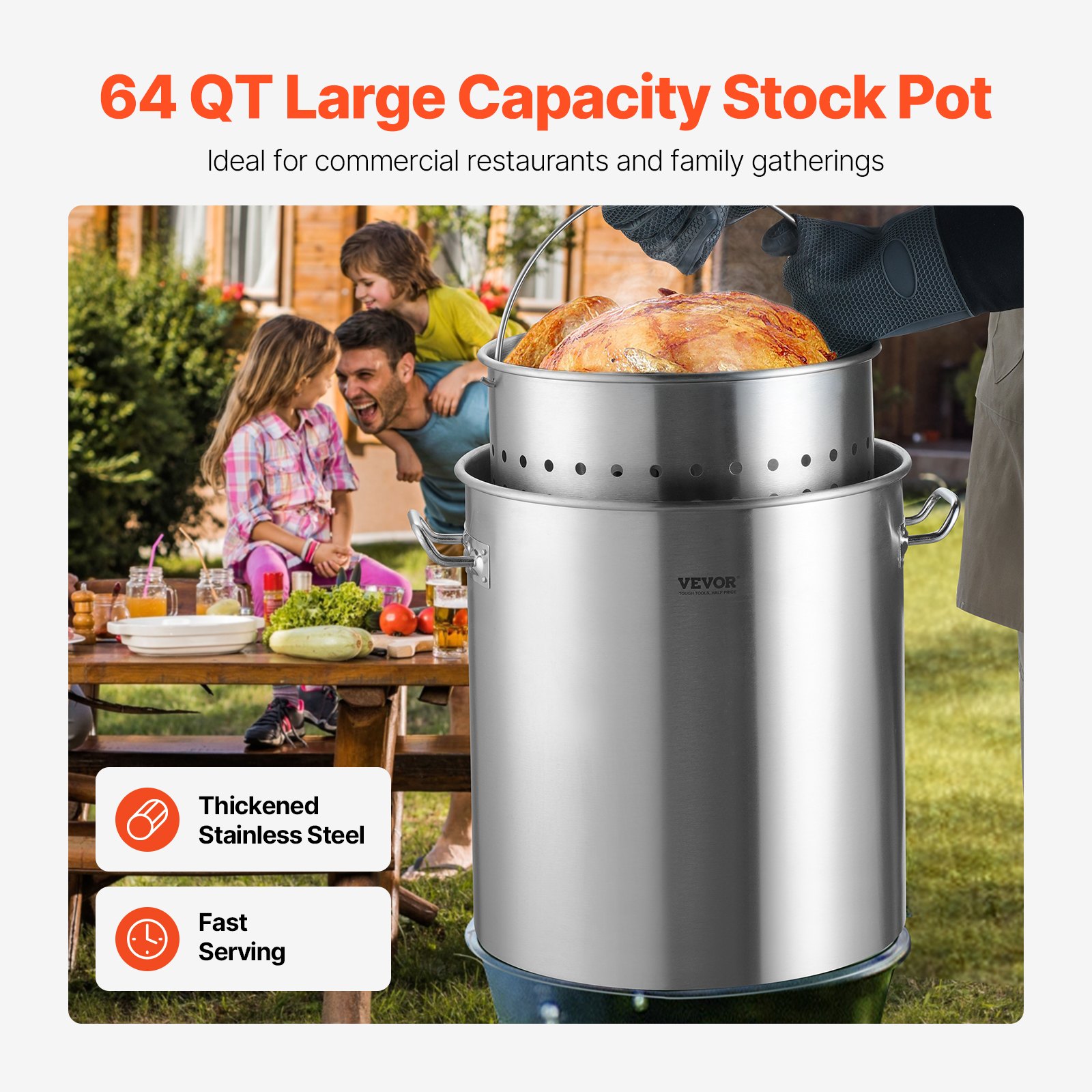 VEVOR Olla Grande de Acero Inoxidable de 60,5 L, Olla para Salsa con Canasta, Tapa y Asa, Olla Comercial Resistente, Tratamiento de Lijado, para Eventos de Grupos Grandes, Plateado, 400 x 450 mm
