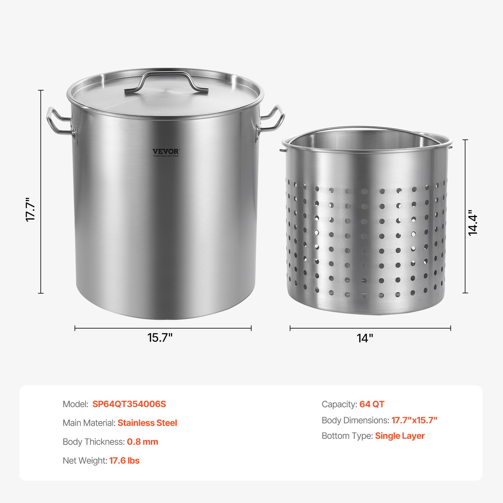 VEVOR Olla Grande de Acero Inoxidable de 60,5 L, Olla para Salsa con Canasta, Tapa y Asa, Olla Comercial Resistente, Tratamiento de Lijado, para Eventos de Grupos Grandes, Plateado, 400 x 450 mm