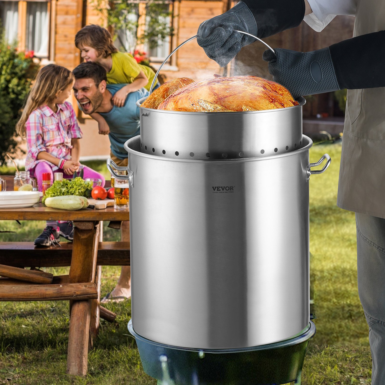 VEVOR Olla Grande de Acero Inoxidable de 60,5 L, Olla para Salsa con Canasta, Tapa y Asa, Olla Comercial Resistente, Tratamiento de Lijado, para Eventos de Grupos Grandes, Plateado, 400 x 450 mm
