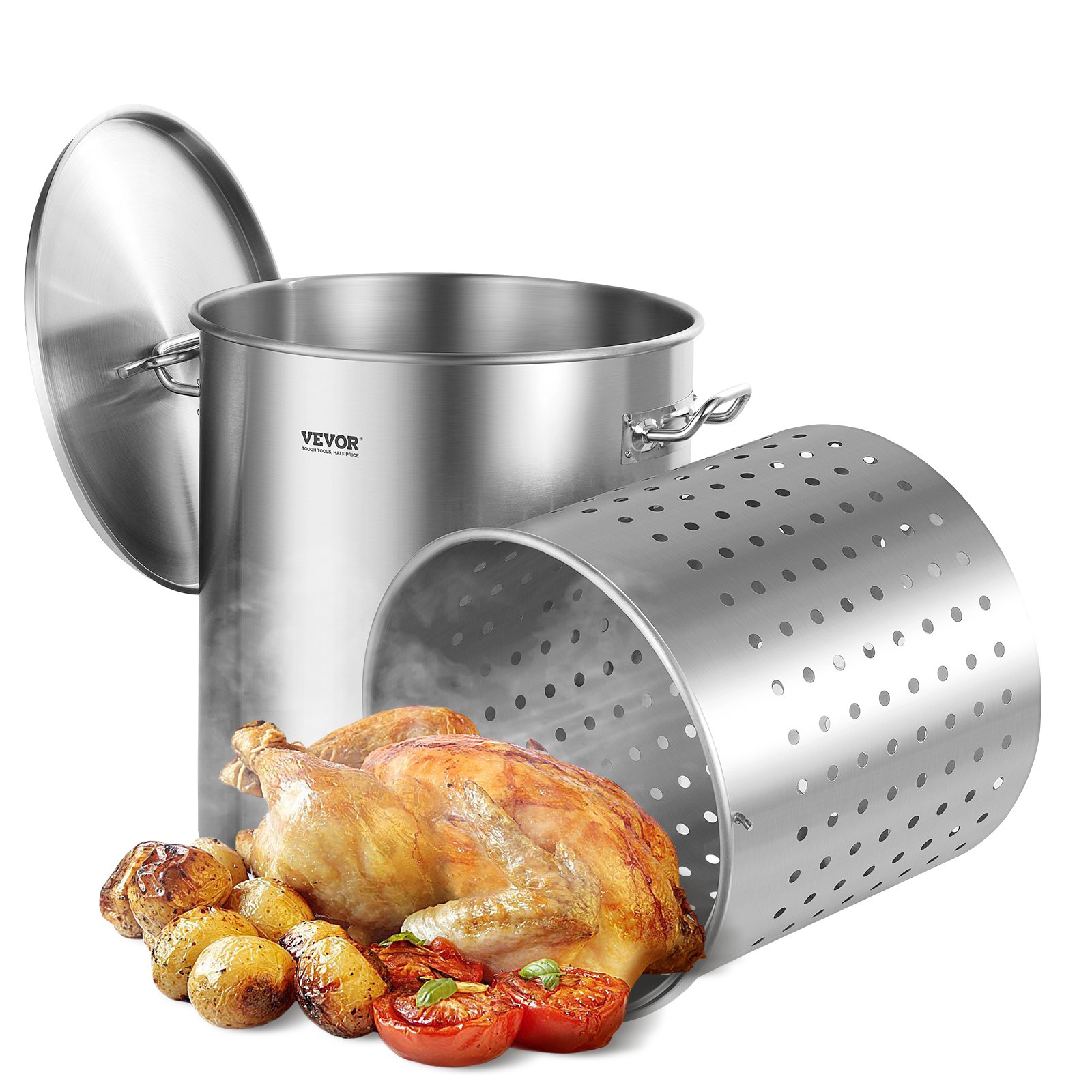 VEVOR Olla Grande de Acero Inoxidable de 60,5 L, Olla para Salsa con Canasta, Tapa y Asa, Olla Comercial Resistente, Tratamiento de Lijado, para Eventos de Grupos Grandes, Plateado, 400 x 450 mm