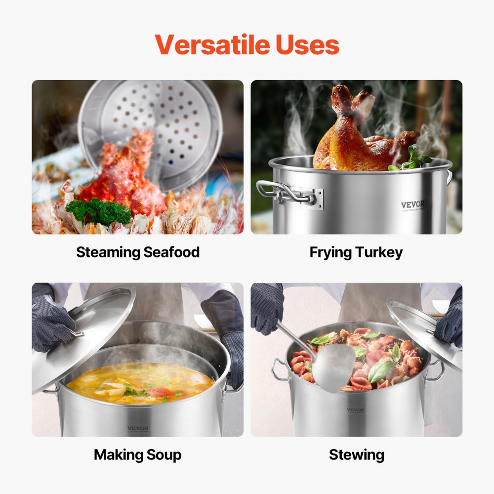 VEVOR Olla Grande de Acero Inoxidable de 79,5 L, Olla para Salsa con Canasta, Tapa y Asa, Olla Comercial Resistente, Tratamiento de Lijado, para Eventos de Grupos Grandes, Plata, 450 x 485 mm