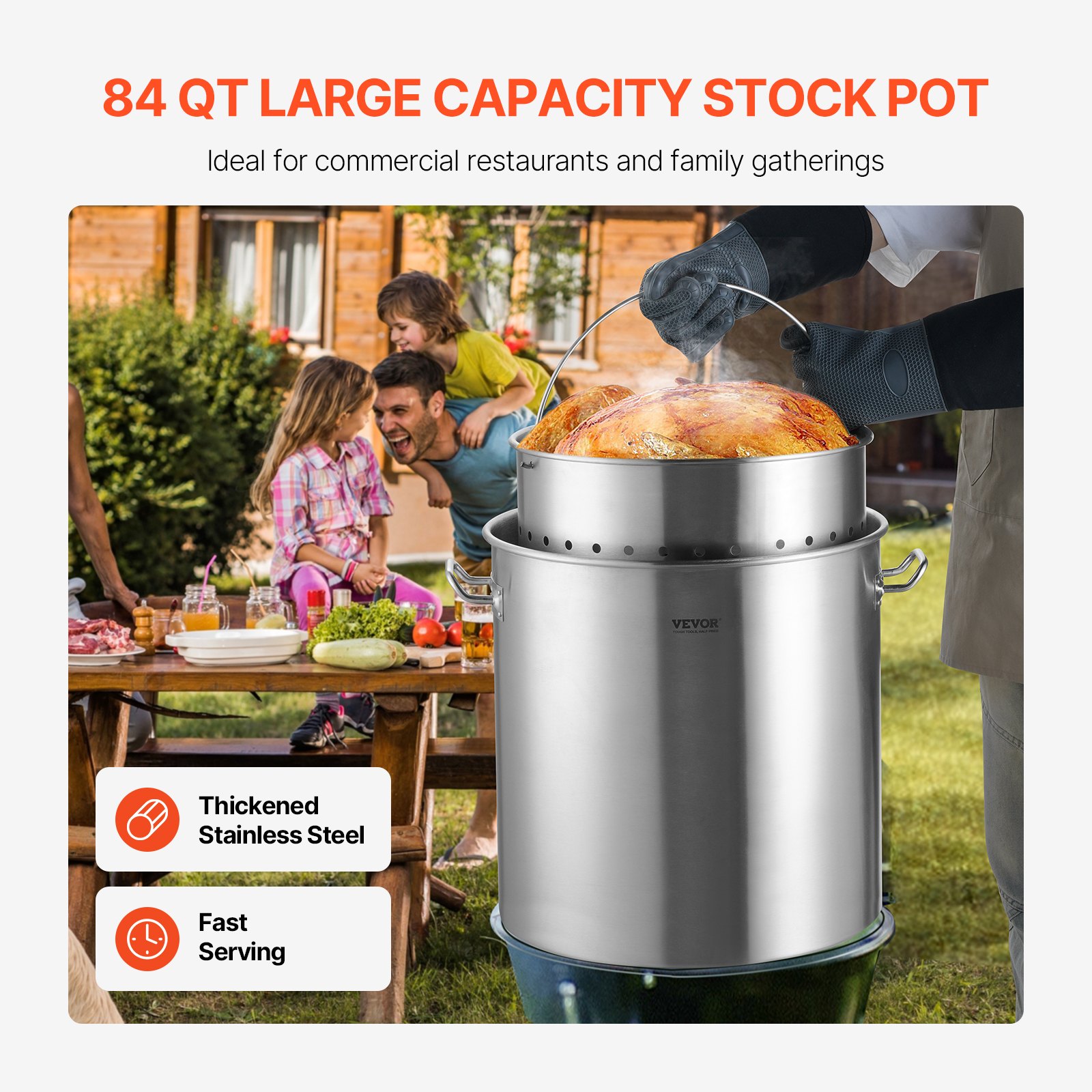 VEVOR Olla Grande de Acero Inoxidable de 79,5 L, Olla para Salsa con Canasta, Tapa y Asa, Olla Comercial Resistente, Tratamiento de Lijado, para Eventos de Grupos Grandes, Plata, 450 x 485 mm