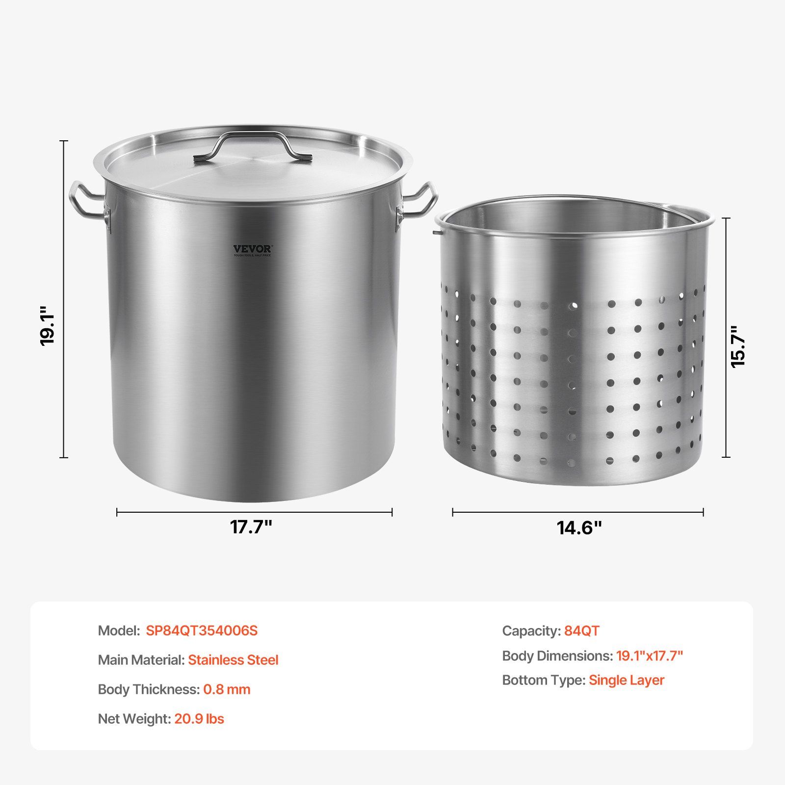 VEVOR Olla Grande de Acero Inoxidable de 79,5 L, Olla para Salsa con Canasta, Tapa y Asa, Olla Comercial Resistente, Tratamiento de Lijado, para Eventos de Grupos Grandes, Plata, 450 x 485 mm