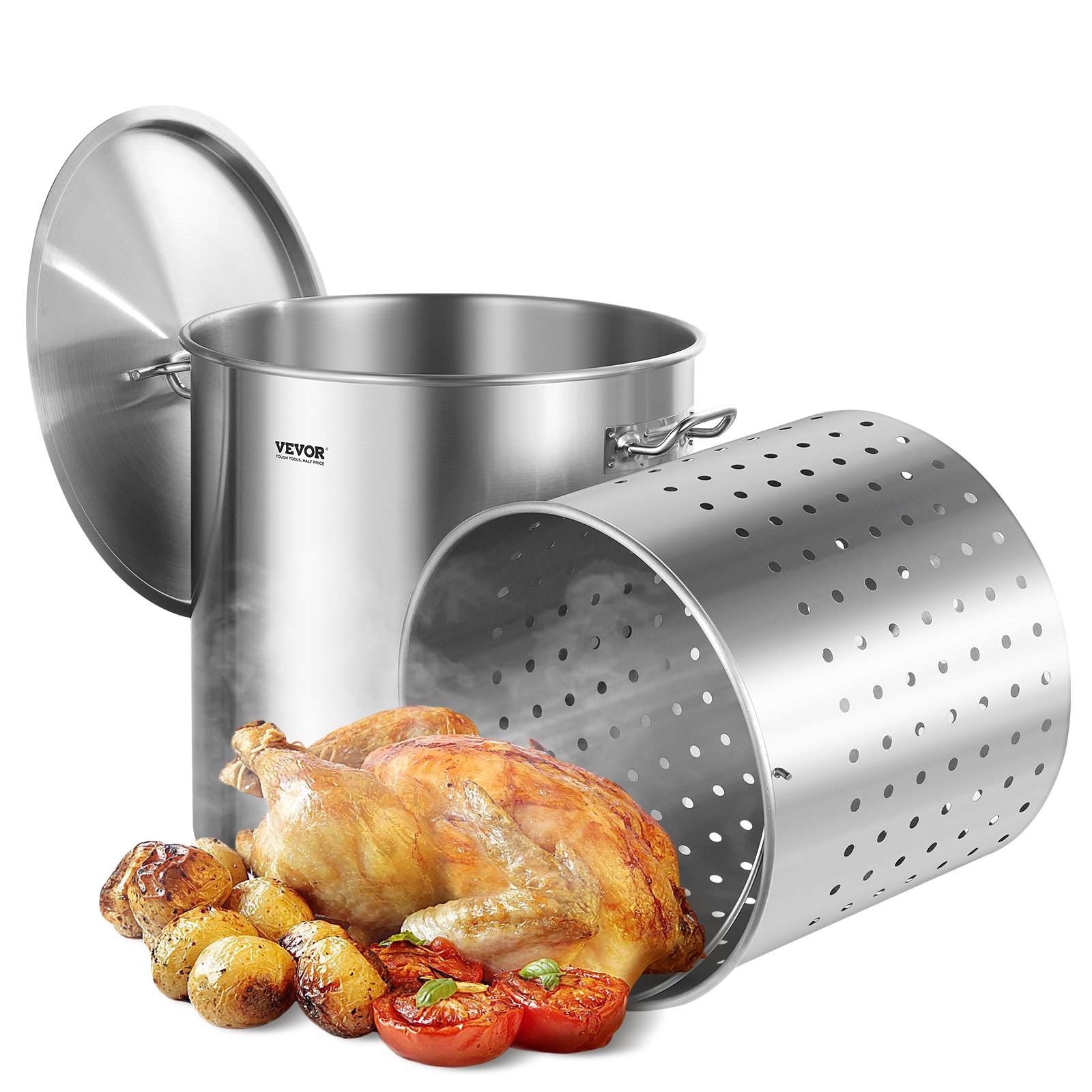 VEVOR Olla Grande de Acero Inoxidable de 79,5 L, Olla para Salsa con Canasta, Tapa y Asa, Olla Comercial Resistente, Tratamiento de Lijado, para Eventos de Grupos Grandes, Plata, 450 x 485 mm