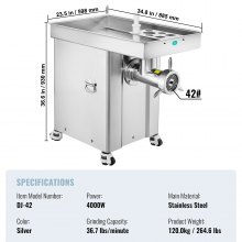 VEVOR Picadora de Carne Eléctrica 16,6 kg/min 930 x 598 x 885 mm 42# 4000 W