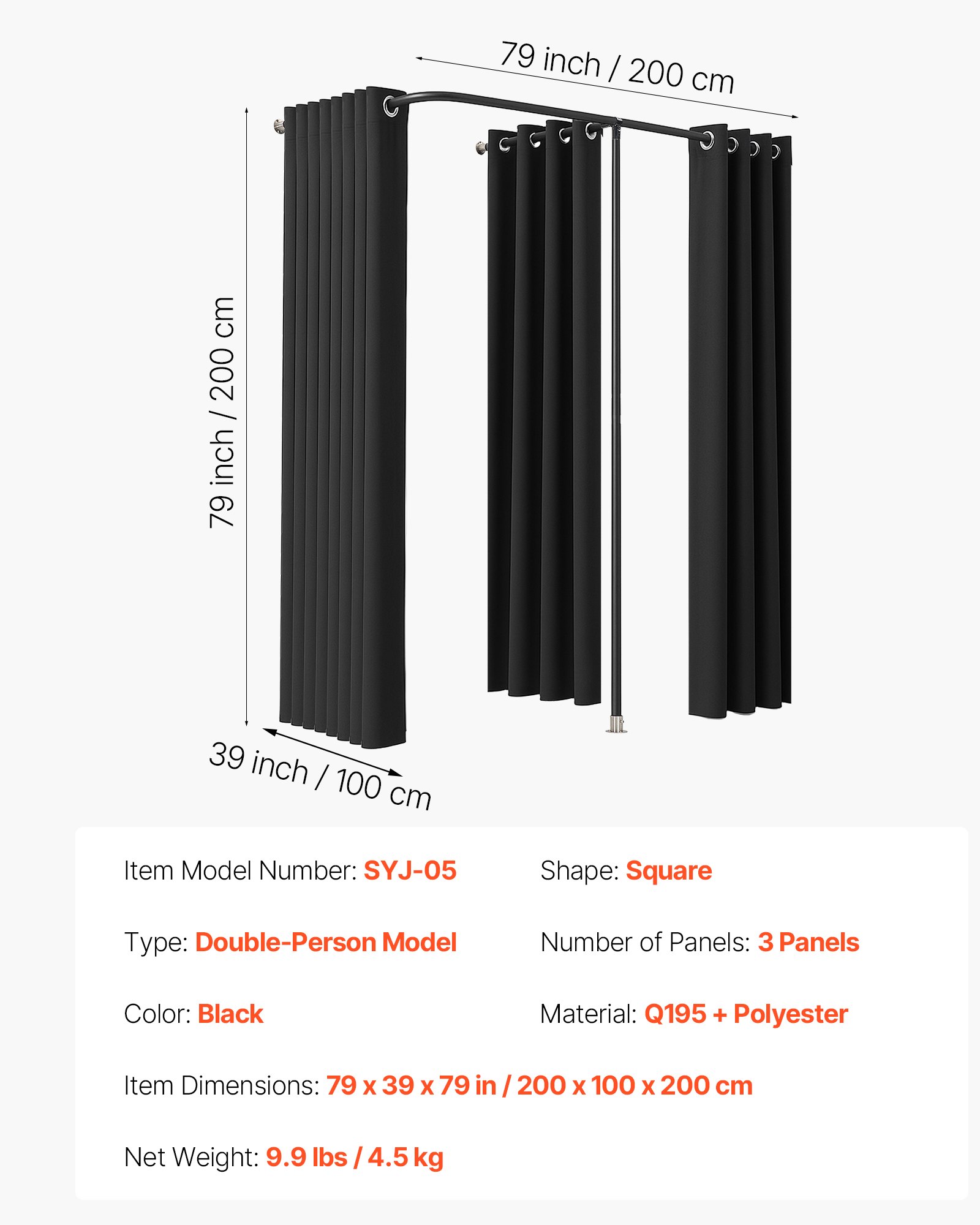 VEVOR Probador Portátil con Cortinas Gruesas de Poliéster, Vestidores Dobles con Cortinas Divisorias, para Boutiques, Centros Comerciales, Estudios, Sastrerías y Oficinas, 200 x 90 x 200 cm, Negro