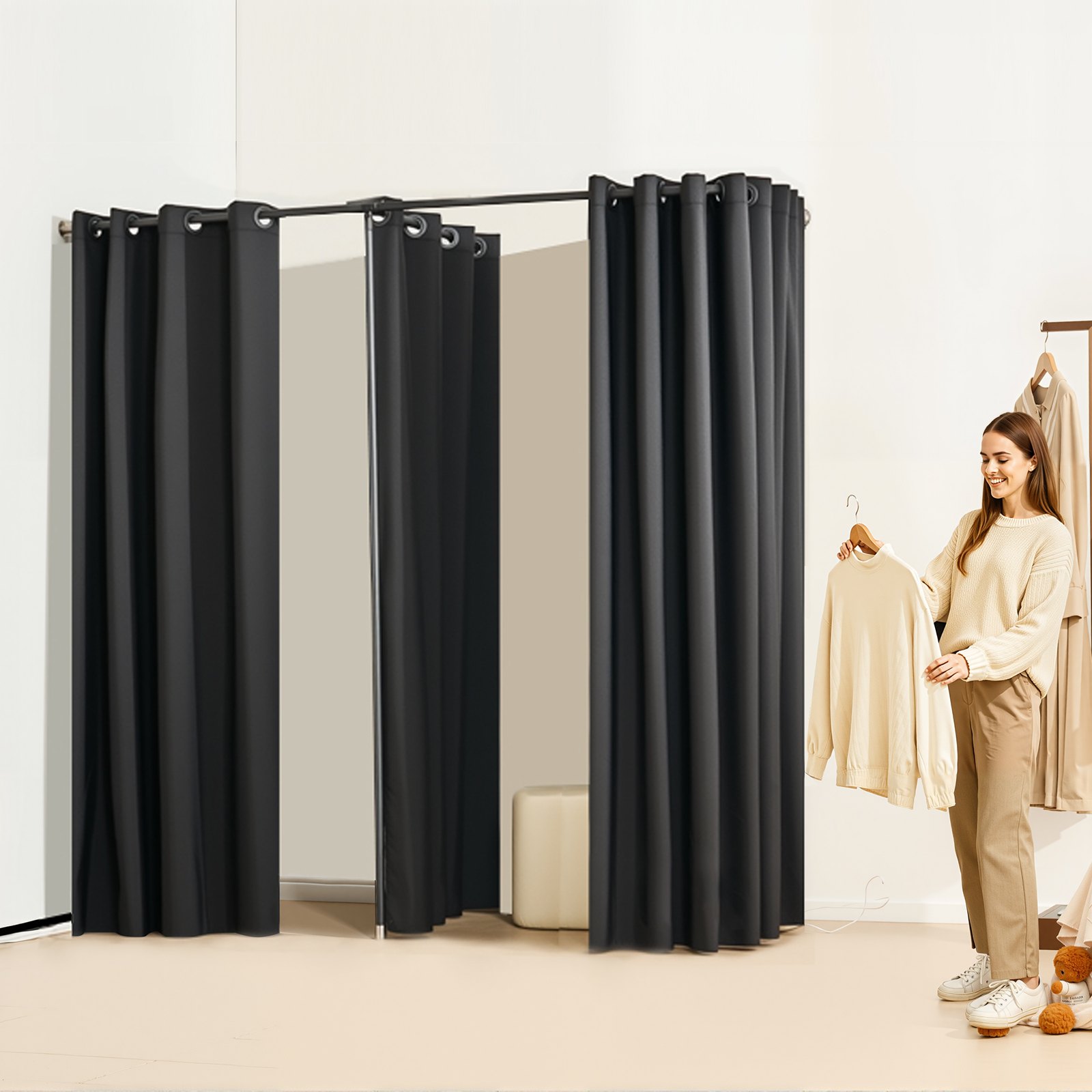 VEVOR Fitting Room, Portable Changing Room with Thick Polyester Curtains, Double Dressing Rooms with Partition Curtains, for Boutique, Mall, Studio, Tailor's Store & Office 200 x 100 x 200 cm (Black)