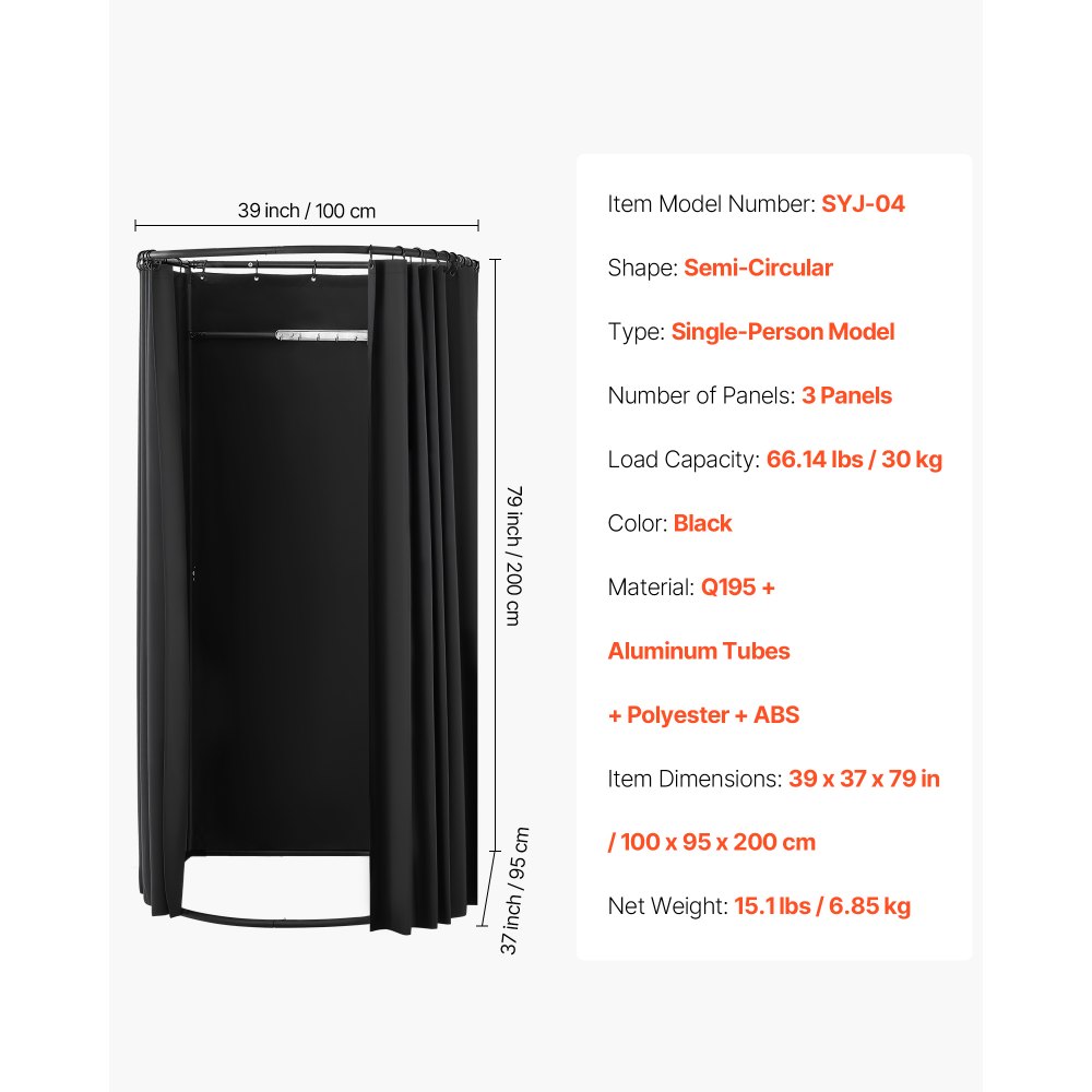 VEVOR Fitting Room, Portable Dressing Room with Thick Polyester Curtains, Privacy Space with Shading Curtain and a Hook, for Boutique, Mall, Tailor's Store & Outdoor Activity 100 x 95 x 200 cm (Black)