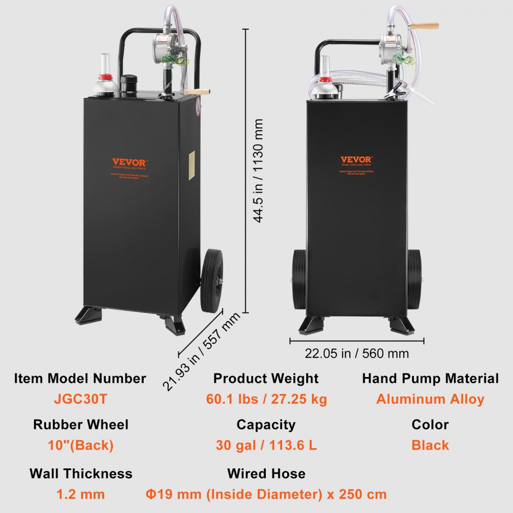 VEVOR Carro de gasolina Tanque de combustible 30 galones con ruedas bomba de transferencia manual contenedor de combustible diesel de gasolina para autos cortadoras de césped, vehículos, barcos, negro
