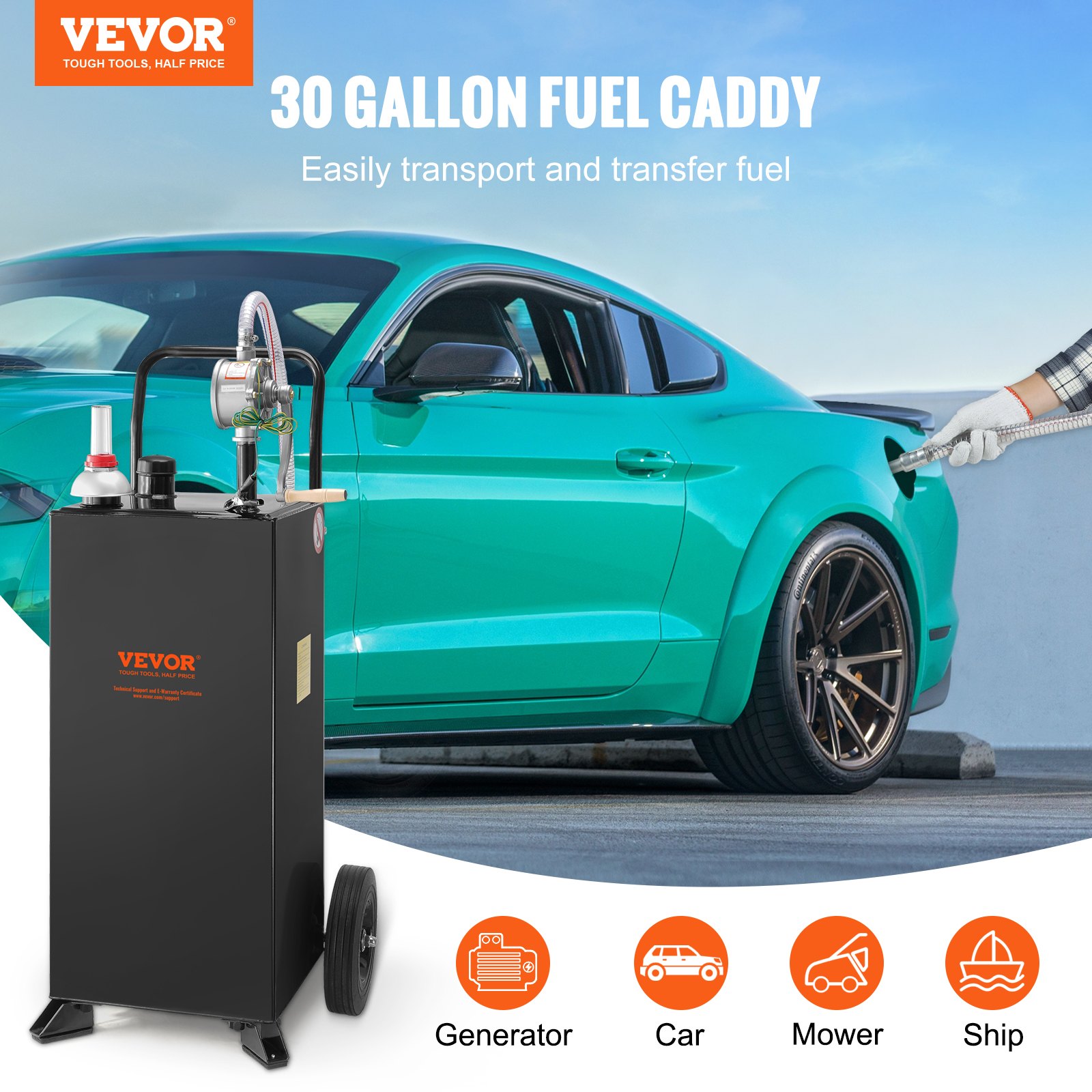 VEVOR Carro de gasolina Tanque de combustible 30 galones con ruedas bomba de transferencia manual contenedor de combustible diesel de gasolina para autos cortadoras de césped, vehículos, barcos, negro