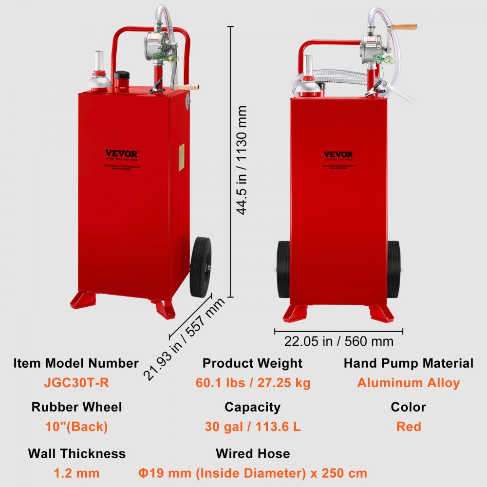 VEVOR Tanque de combustible 30 galones con 2 ruedas bomba de transferencia manual contenedor de combustible diesel de gasolina para automóviles, cortadoras de césped, vehículos, barcos, rojo