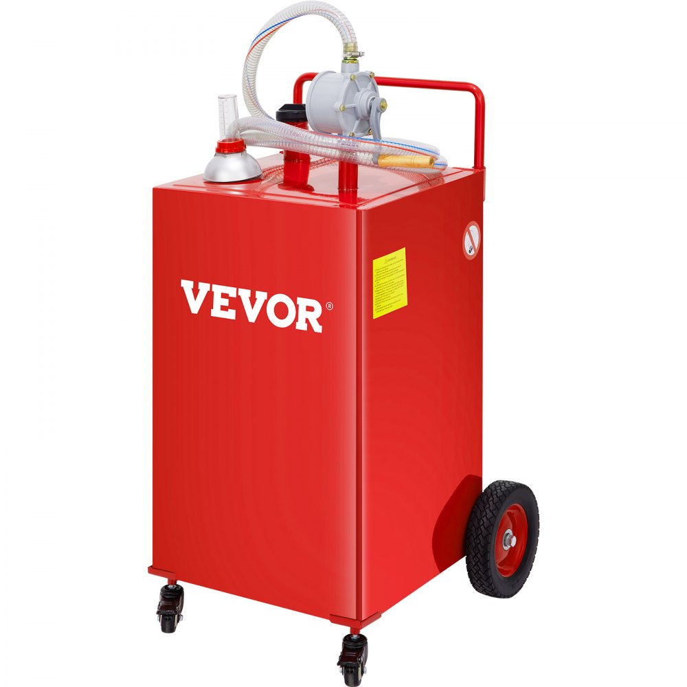 Carrito de combustible VEVOR rojo con ruedas, manguera y asa para facilitar el transporte y la dispensación.