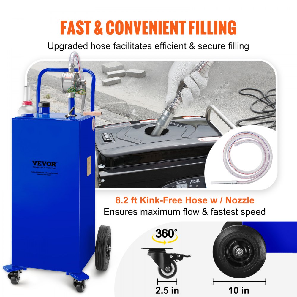 VEVOR Carro de combustible Tanque de almacenamiento de gasolina de 30 galones con 4 ruedas bomba de transferencia manual para automóviles, cortadoras de césped, vehículos todo terreno, barcos, azul