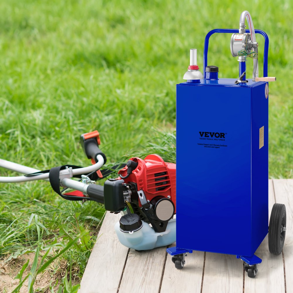 VEVOR Carro de combustible Tanque de almacenamiento de gasolina de 30 galones con 4 ruedas bomba de transferencia manual para automóviles, cortadoras de césped, vehículos todo terreno, barcos, azul