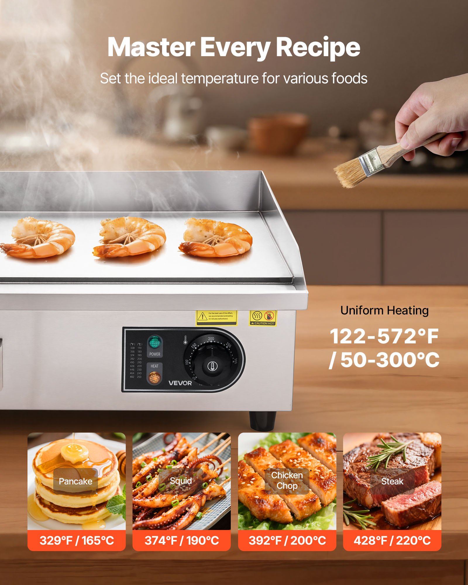 VEVOR Plancha Eléctrica 3200 W 535 x 300 mm, Control de Temperatura 50 a 300 °C, Parrilla de Encimera de Acero Inoxidable con Superficie Plana, 4 Almohadillas para los Pies, para Carne y Panqueques