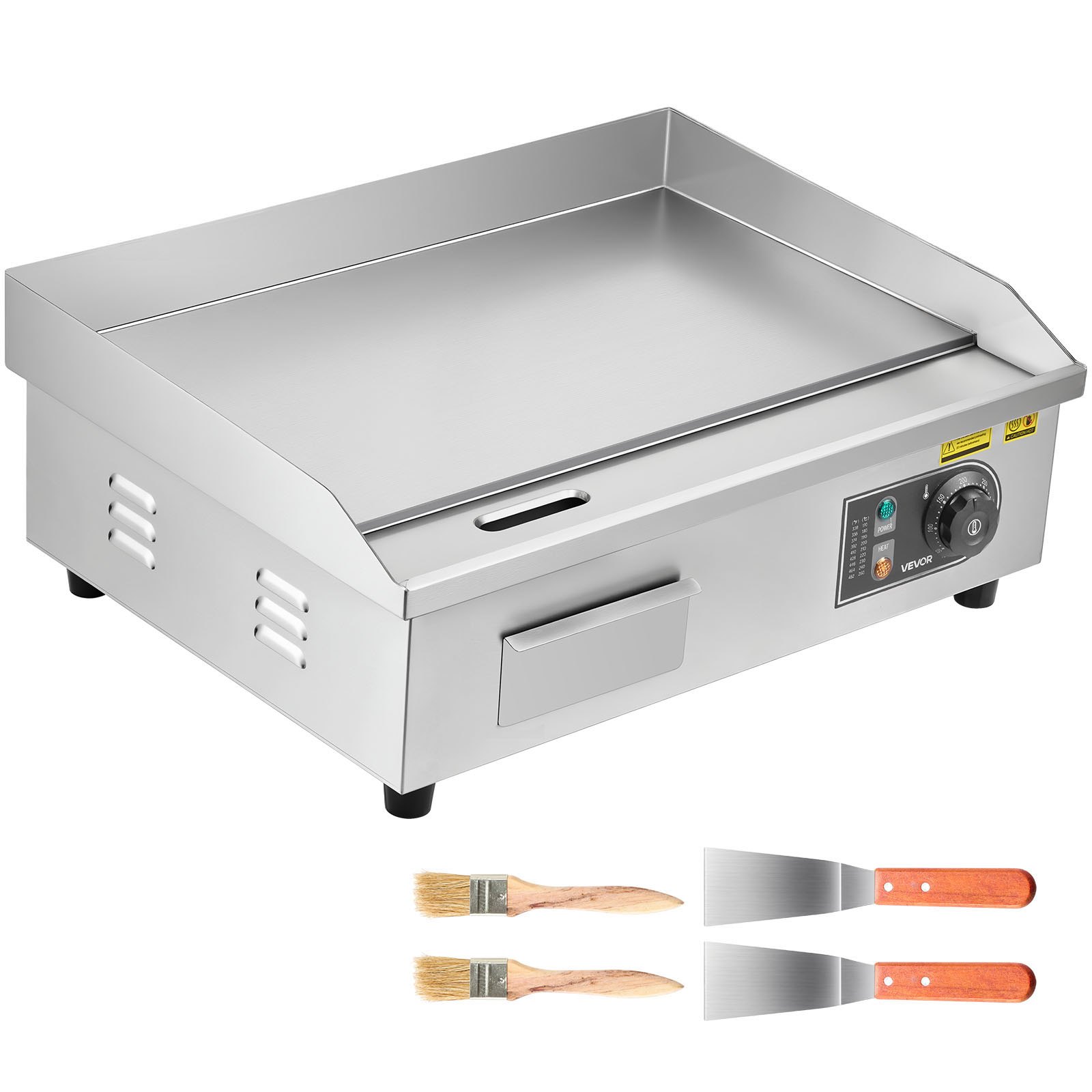 VEVOR Plancha Eléctrica 3200 W 535 x 300 mm, Control de Temperatura 50 a 300 °C, Parrilla de Encimera de Acero Inoxidable con Superficie Plana, 4 Almohadillas para los Pies, para Carne y Panqueques