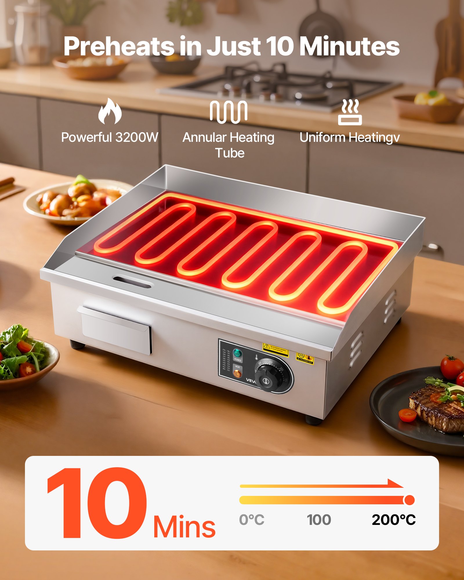 VEVOR Plancha Eléctrica 3200 W 535 x 300 mm, Control de Temperatura 50 a 300 °C, Parrilla de Encimera de Acero Inoxidable con Superficie Plana, 4 Almohadillas para los Pies, para Carne y Panqueques