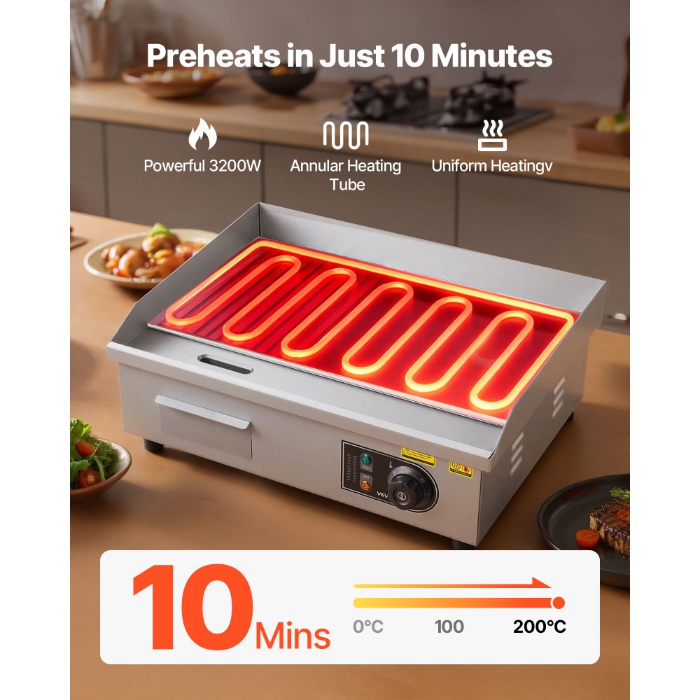 VEVOR Plancha Eléctrica, 3200 W, Control de Temperatura Ajustable 50 a 300 °C, Cuerpo de Acero Inoxidable, Mitad Ranurada, Mitad Plana, con 2 Espátulas, 2 Cepillos y 4 Almohadillas para los Pies