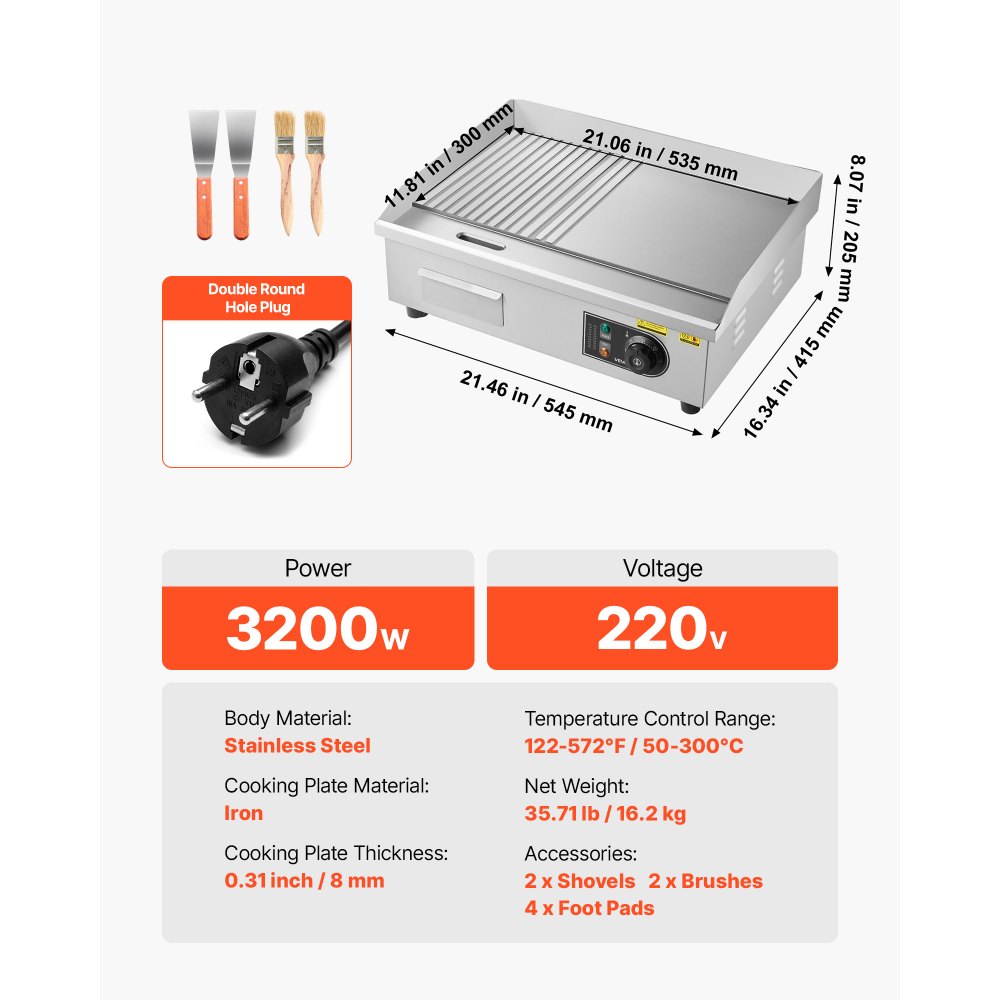 VEVOR Plancha Eléctrica, 3200 W, Control de Temperatura Ajustable 50 a 300 °C, Cuerpo de Acero Inoxidable, Mitad Ranurada, Mitad Plana, con 2 Espátulas, 2 Cepillos y 4 Almohadillas para los Pies