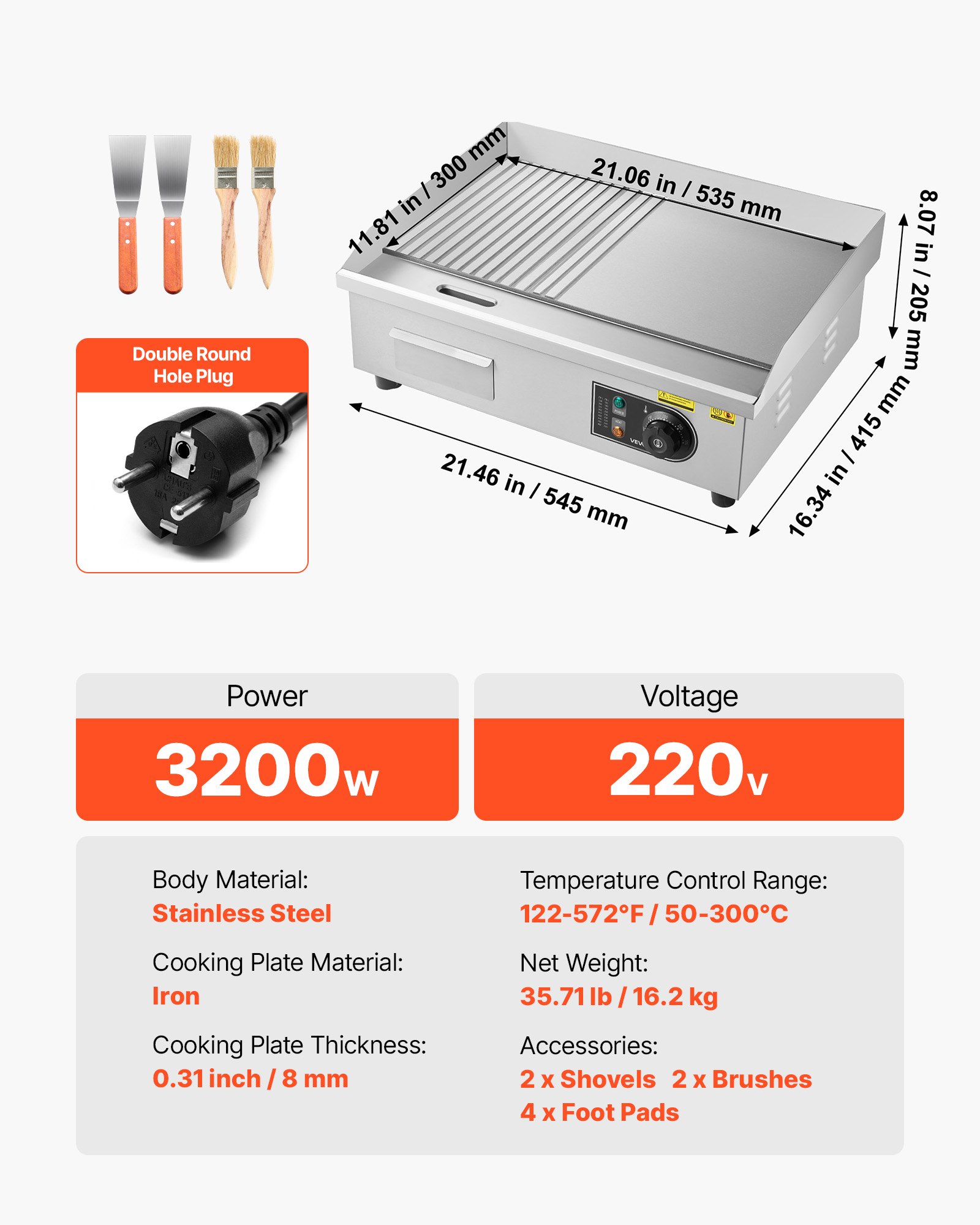 VEVOR Plancha Eléctrica, 3200 W, Control de Temperatura Ajustable 50 a 300 °C, Cuerpo de Acero Inoxidable, Mitad Ranurada, Mitad Plana, con 2 Espátulas, 2 Cepillos y 4 Almohadillas para los Pies