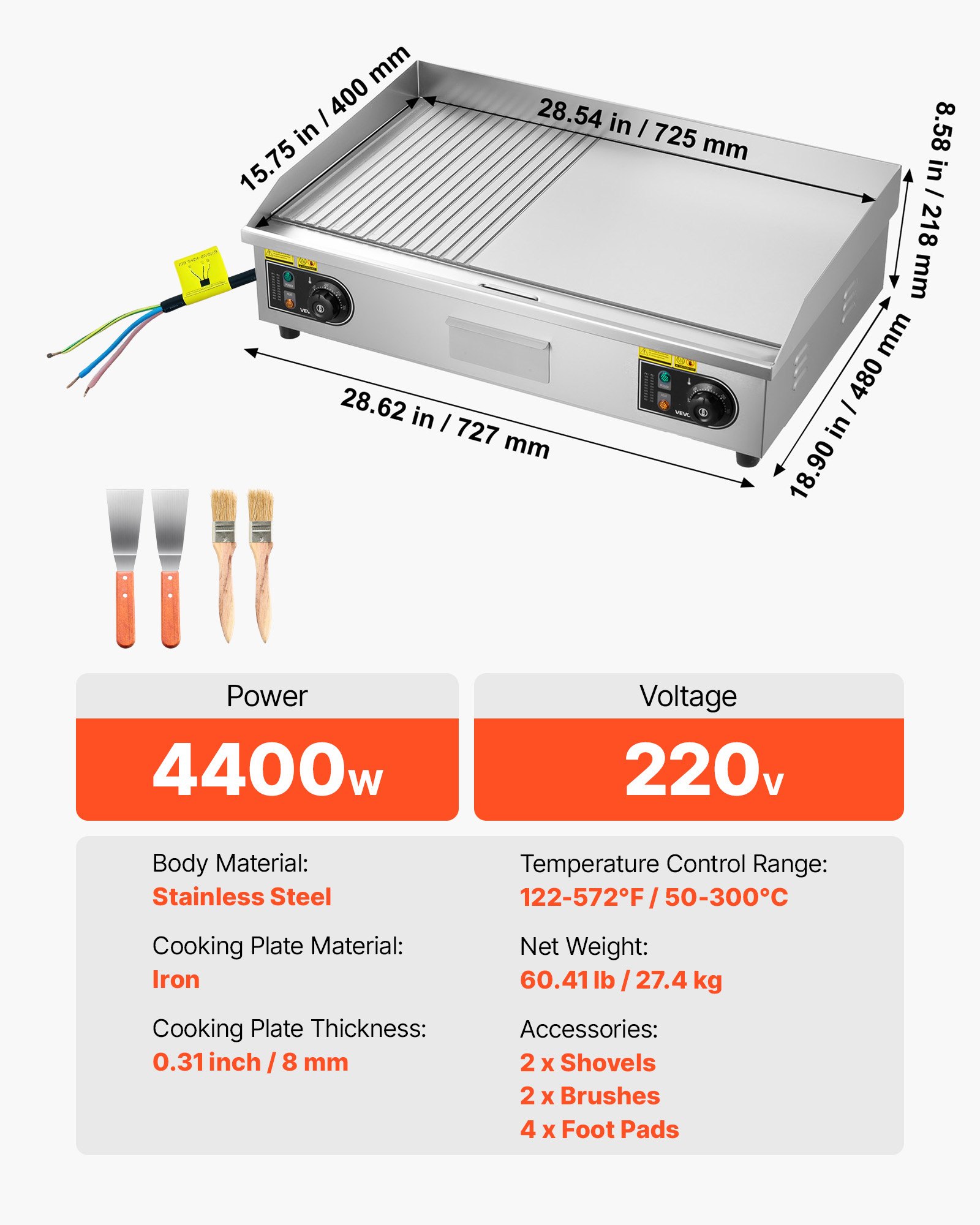VEVOR Plancha Eléctrica 4400 W 725 x 400 mm, Control de Temperatura 50 a 300 °C, Parrilla de Encimera de Acero Inoxidable con Superficie Plana, 4 Almohadillas para los Pies, para Carne y Panqueques
