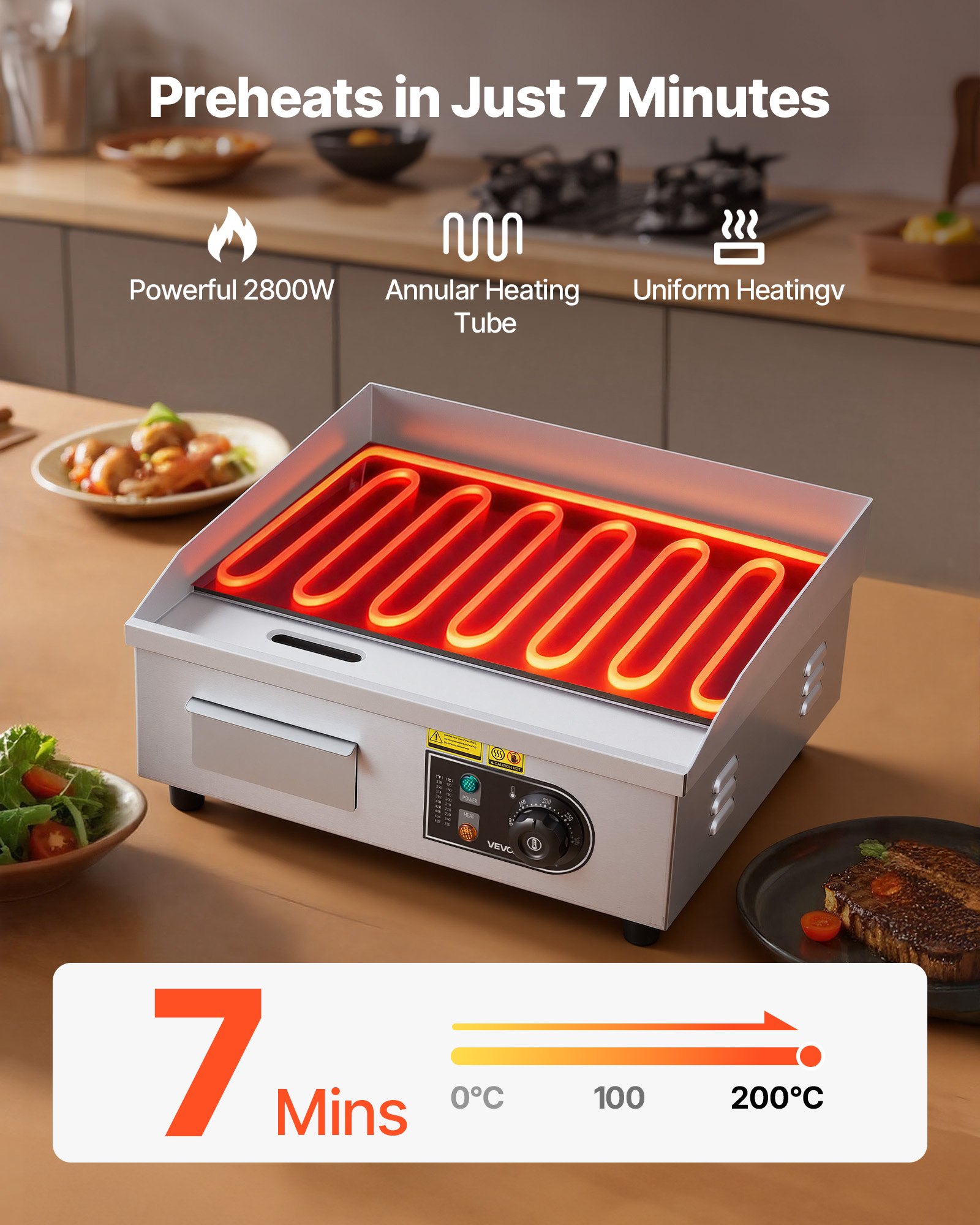 VEVOR Plancha Eléctrica 2800 W 450 x 300 mm, Control de Temperatura 50 a 300 °C, Parrilla de Encimera de Acero Inoxidable con Superficie Plana, 4 Almohadillas para los Pies, para Carne y Panqueques