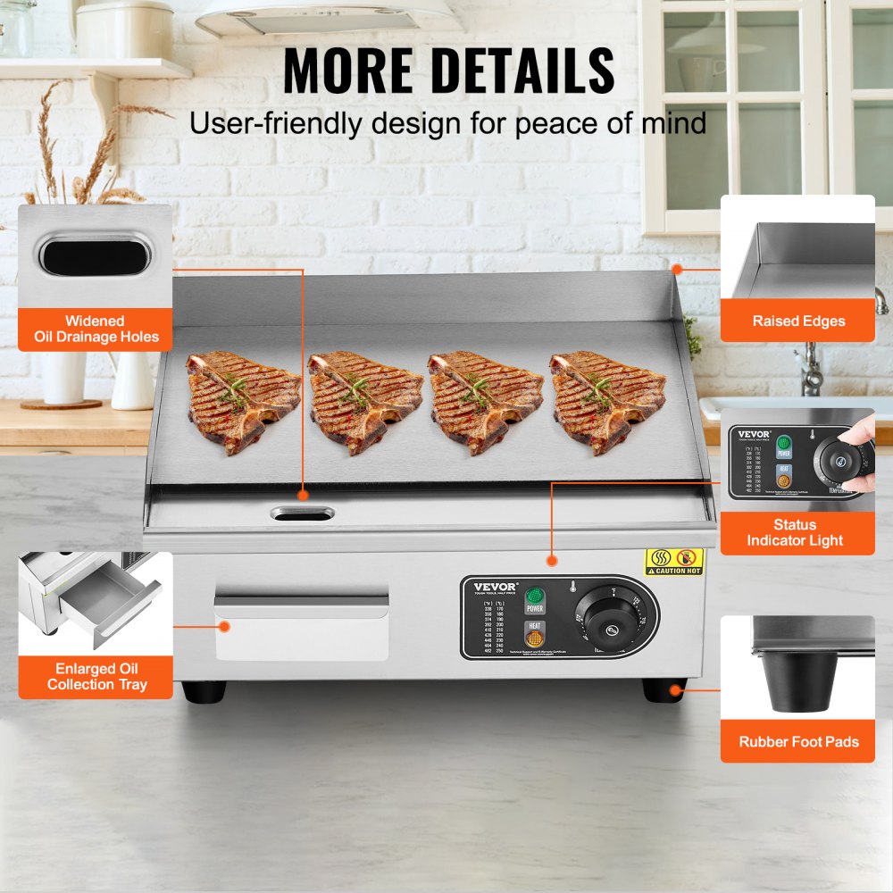 VEVOR Plancha eléctrica comercial, parrilla superior plana de 2800 W, temperatura ajustable de 122 ℉-572 ℉, parrilla de acero inoxidable de 17,72 x 11,81 x 0,39 pulgadas con 2 palas y 2 cepillos para el hogar o restaurante