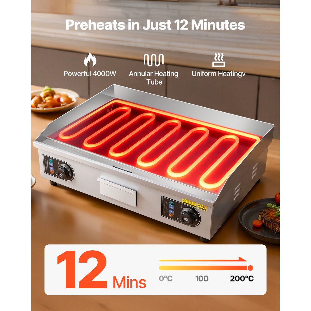 VEVOR Plancha Eléctrica 4000 W 655 x 400 mm, Control de Temperatura 50 a 300 °C, Parrilla de Encimera de Acero Inoxidable con Superficie Plana, 4 Almohadillas para los Pies, para Carne (Sin Enchufe)