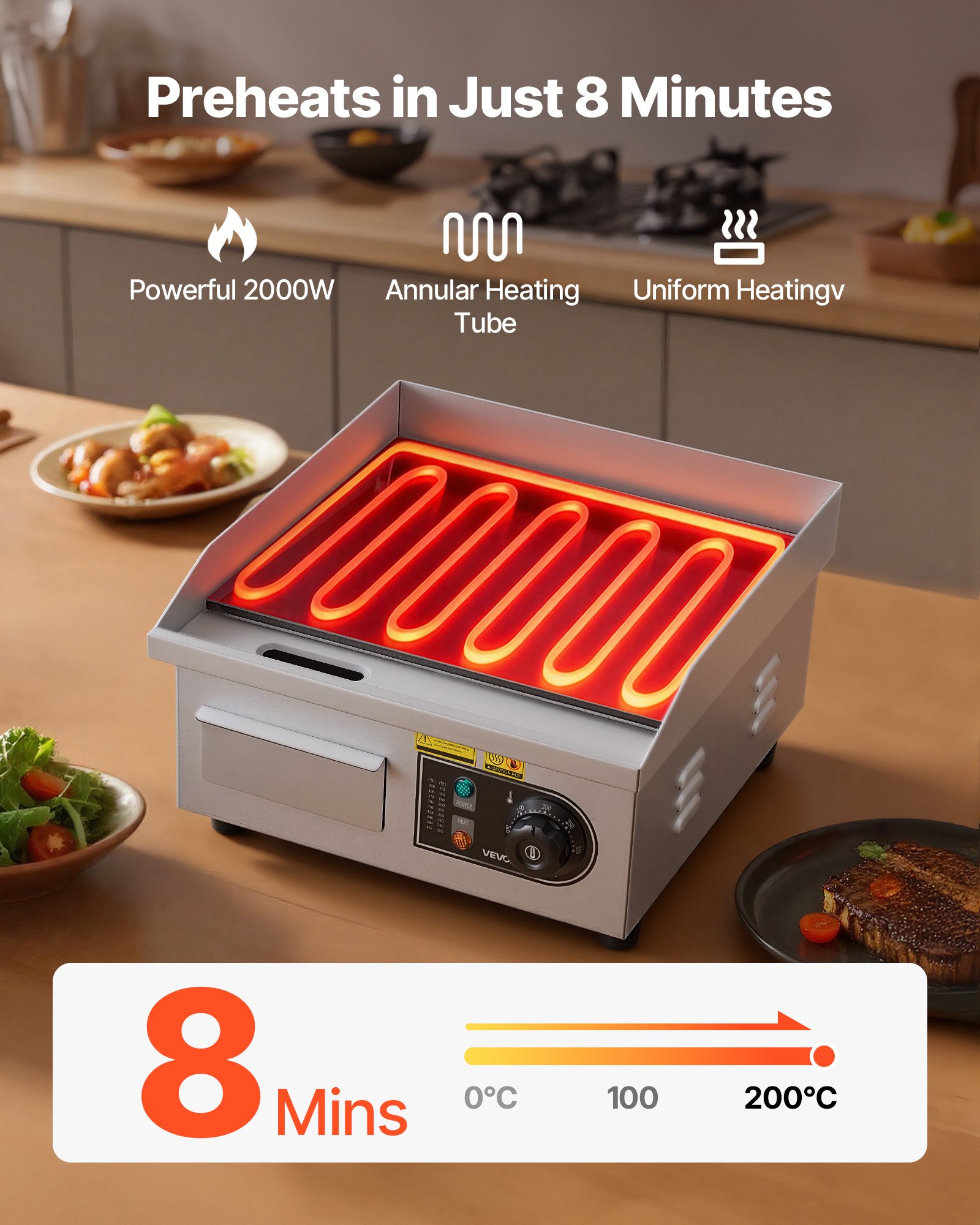 VEVOR Plancha Eléctrica 2000 W 355 x 300 mm, Control de Temperatura 50 a 300 °C, Parrilla de Encimera de Acero Inoxidable con Superficie Plana, con 2 Espátulas y 2 Cepillos, para Carne y Panqueques
